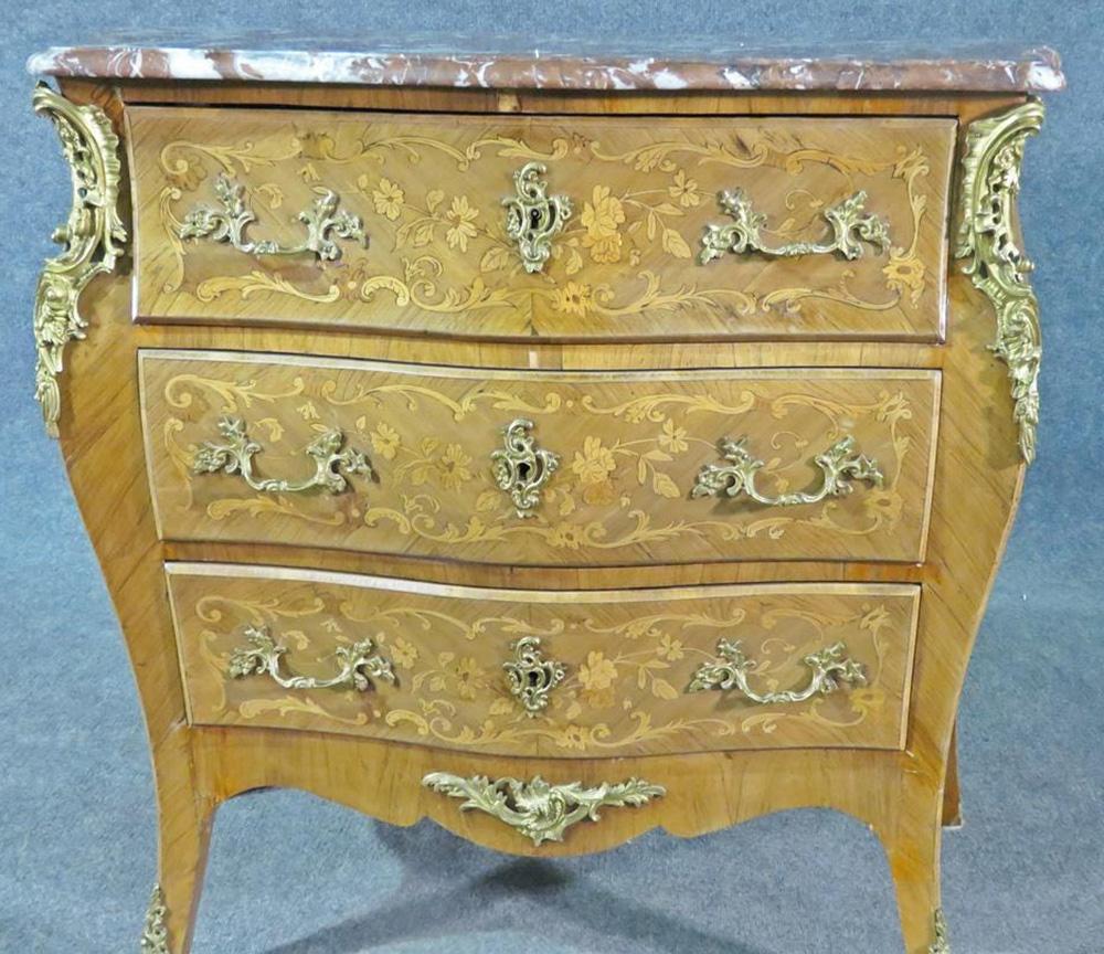 Breccia Marble Petite French Louis XV Walnut Satinwood Inlaid Commode Foyer Cabinet, Circa 1900 For Sale