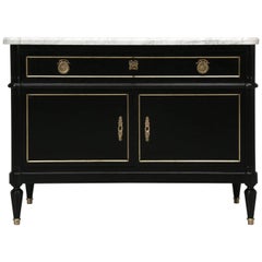 Petite French Louis XVI Style Ebonized Mahogany Buffet with a Marble Top