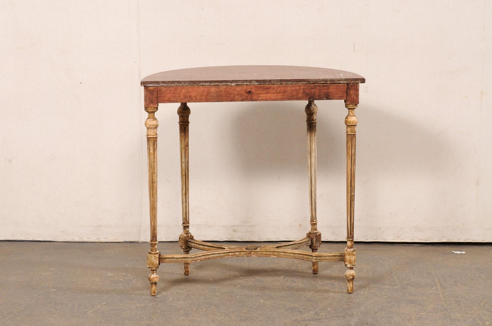 Petite French Nicely-Carved Demi-Lune Console Table w/Marble Top, 19th C. For Sale 6