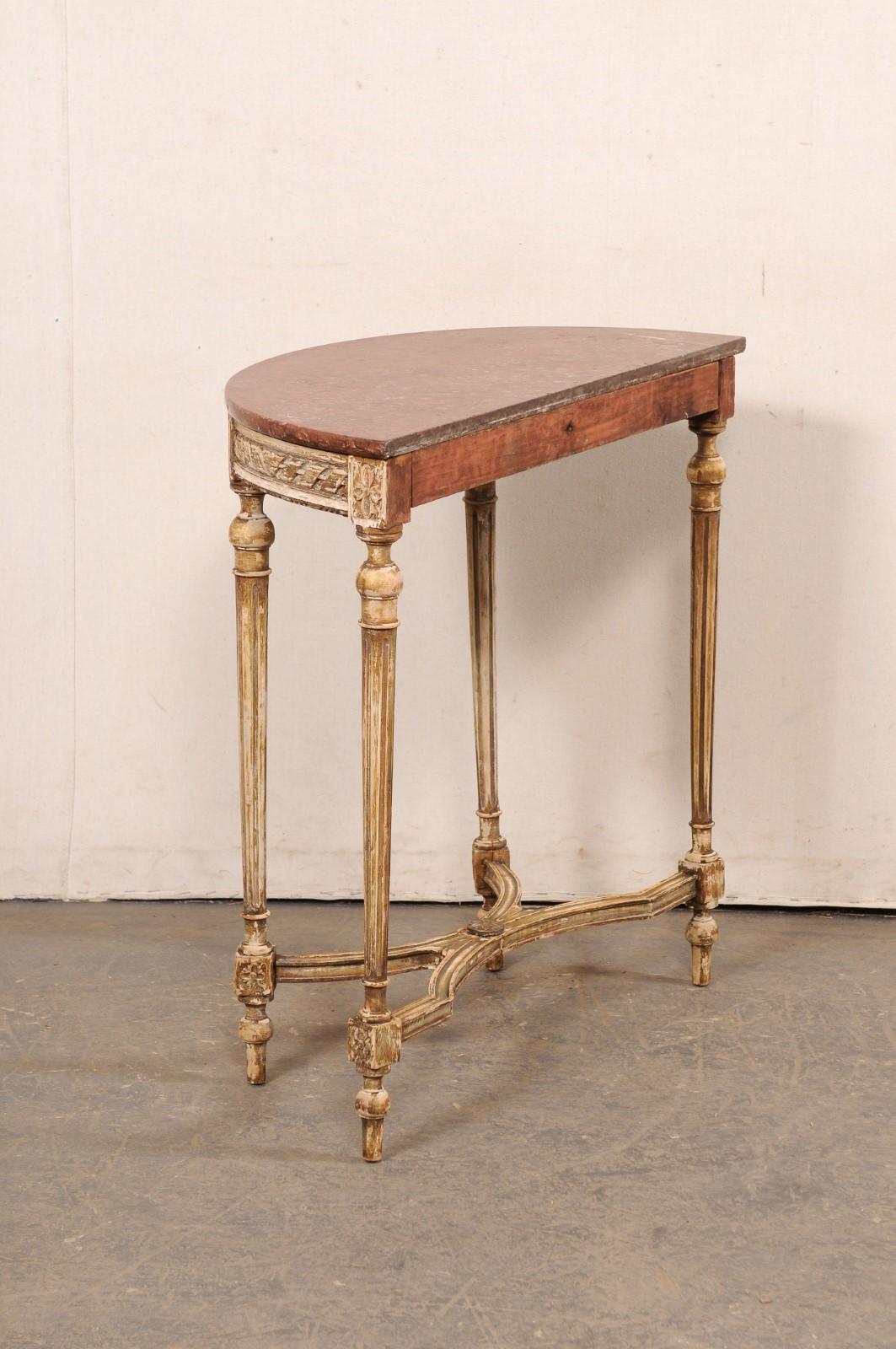 Petite French Nicely-Carved Demi-Lune Console Table w/Marble Top, 19th C. For Sale 7