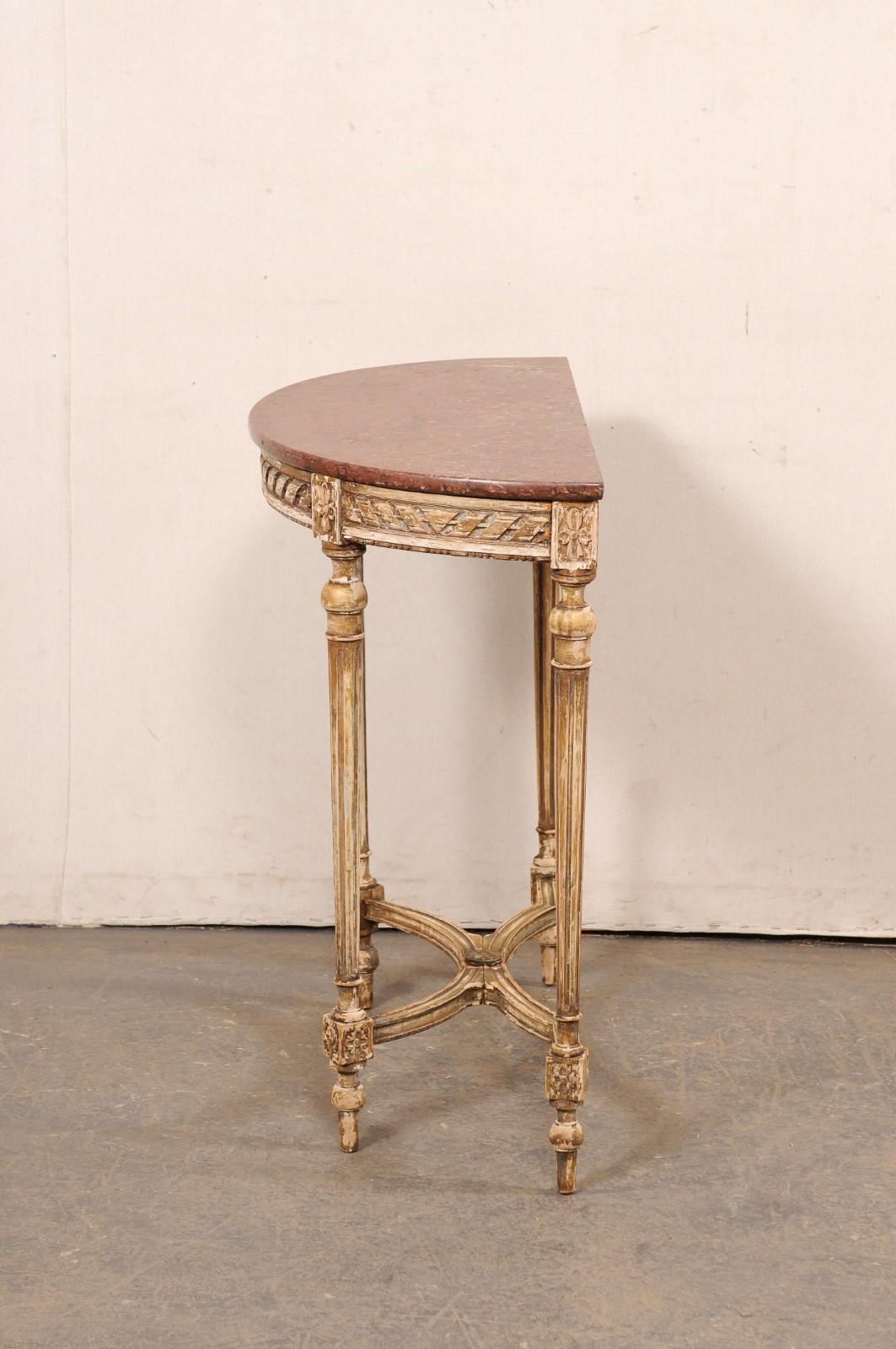 Petite French Nicely-Carved Demi-Lune Console Table w/Marble Top, 19th C. For Sale 8