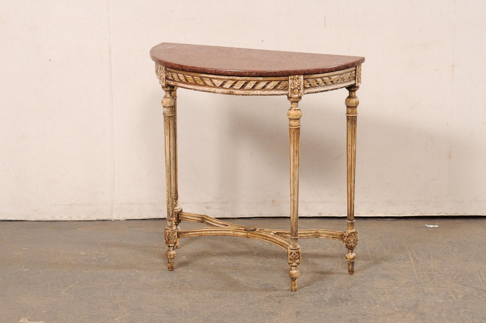 Petite French Nicely-Carved Demi-Lune Console Table w/Marble Top, 19th C. For Sale 9