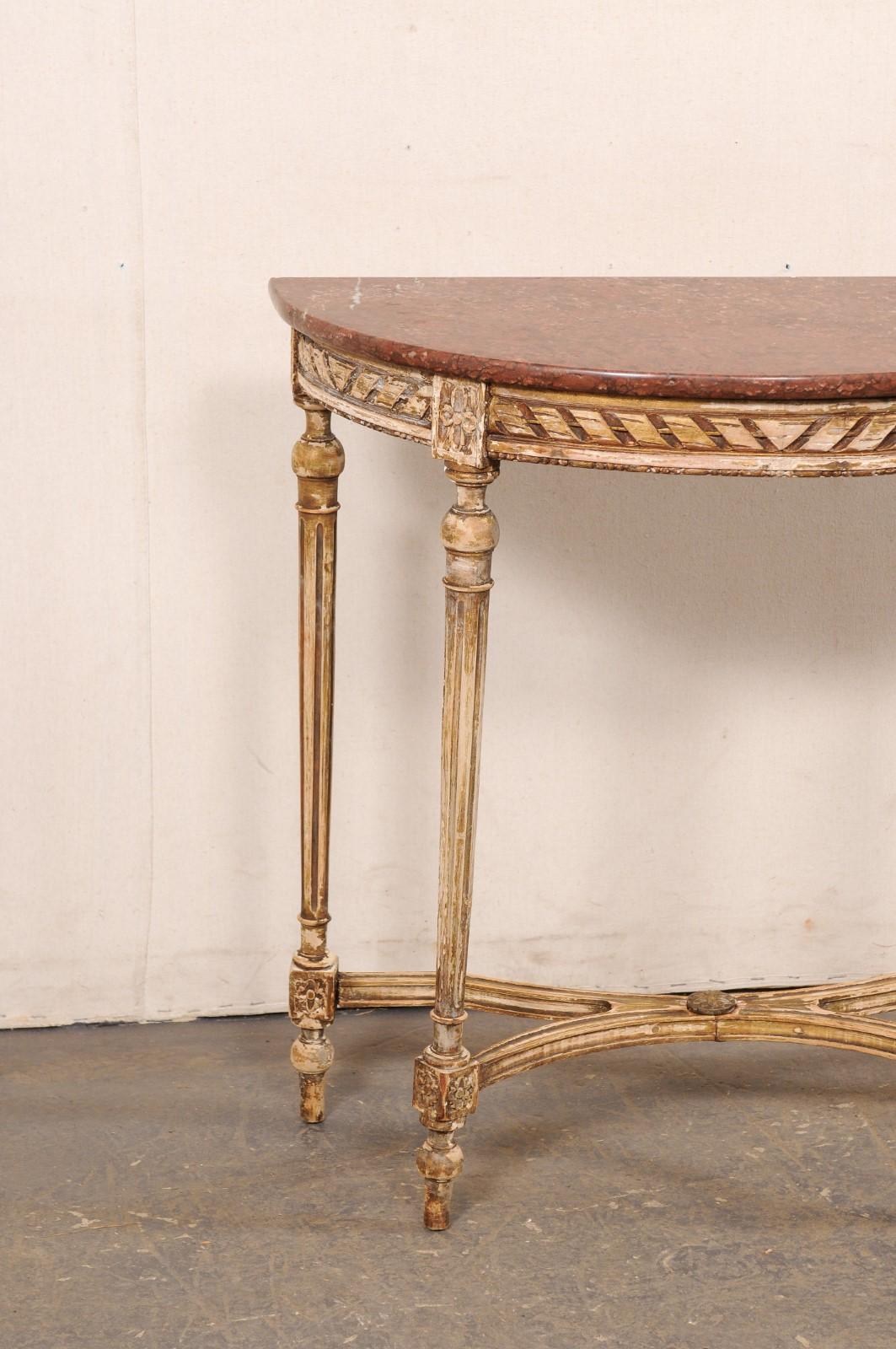Petite French Nicely-Carved Demi-Lune Console Table w/Marble Top, 19th C. In Good Condition For Sale In Atlanta, GA