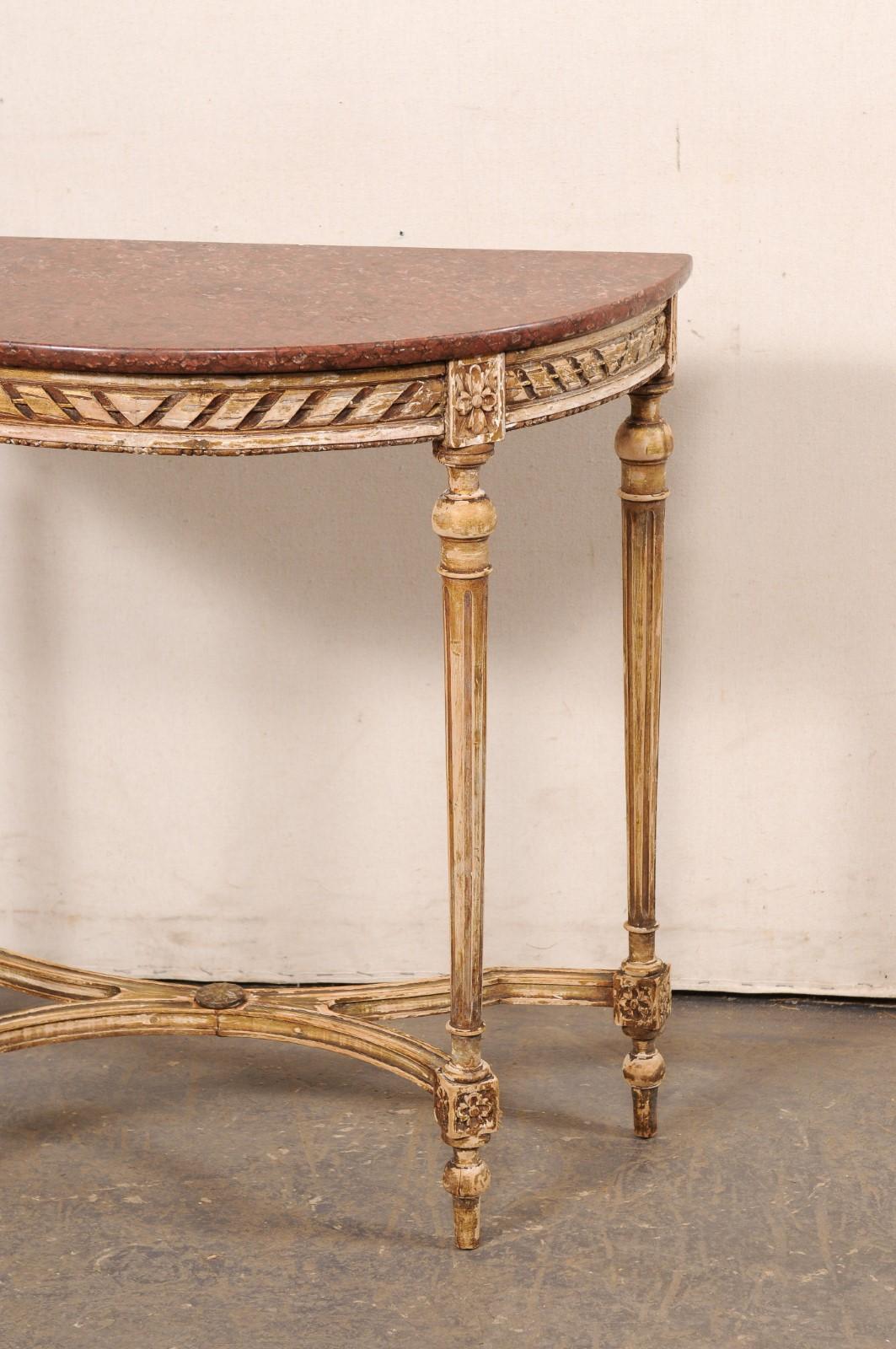 19th Century Petite French Nicely-Carved Demi-Lune Console Table w/Marble Top, 19th C. For Sale