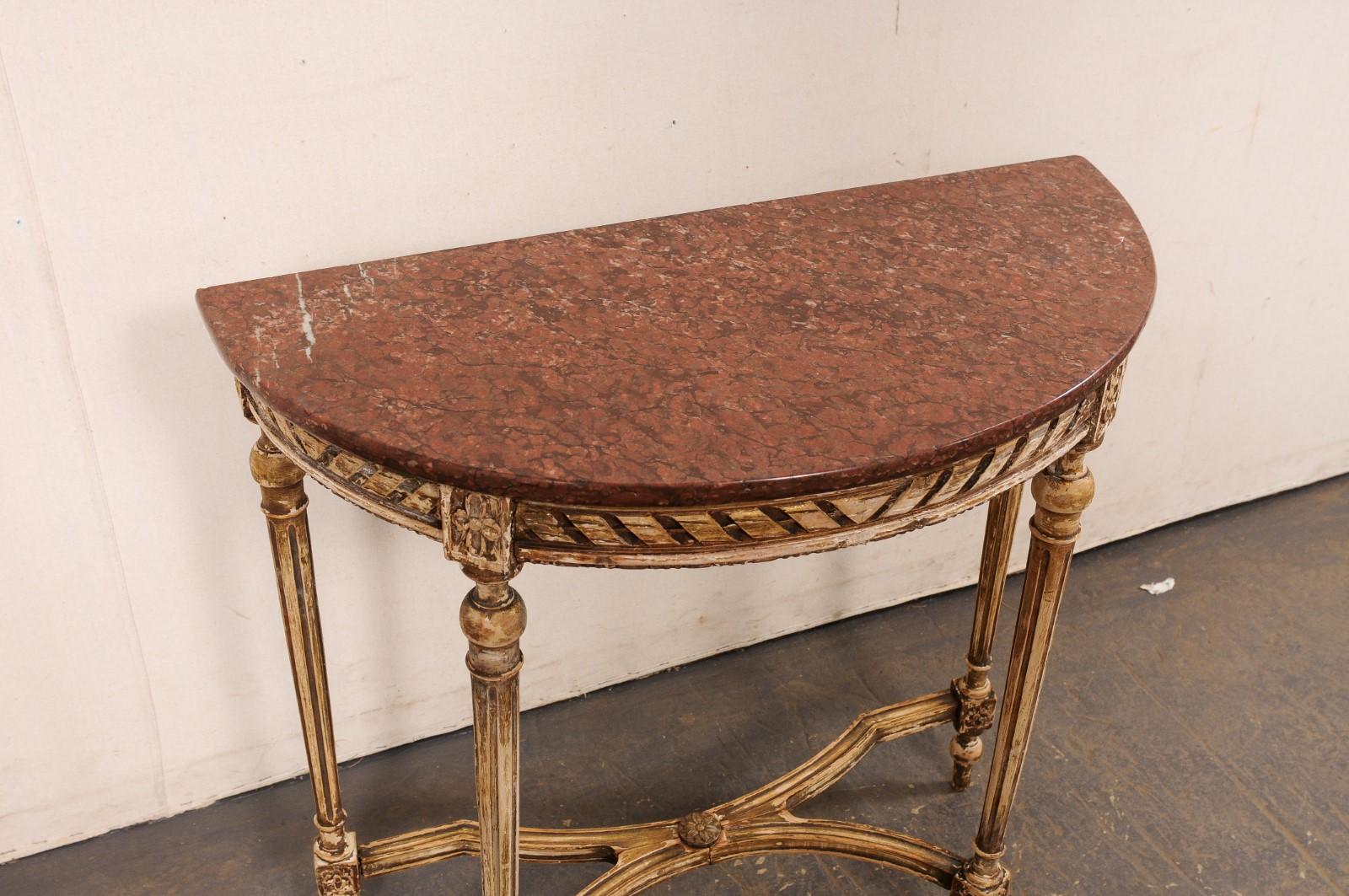 Petite French Nicely-Carved Demi-Lune Console Table w/Marble Top, 19th C. For Sale 2