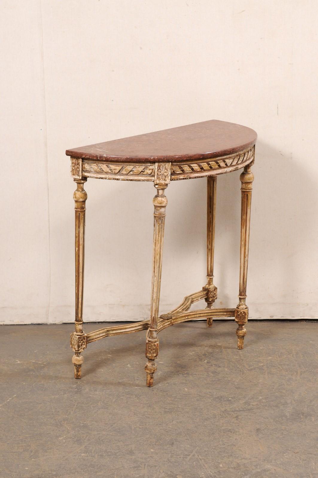 Petite French Nicely-Carved Demi-Lune Console Table w/Marble Top, 19th C. For Sale 3