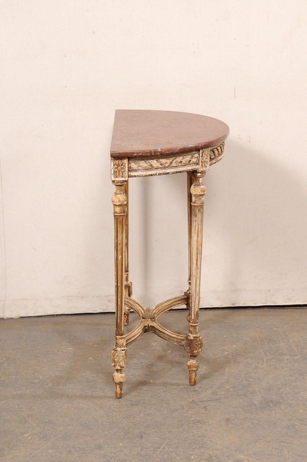 Petite French Nicely-Carved Demi-Lune Console Table w/Marble Top, 19th C. For Sale 4