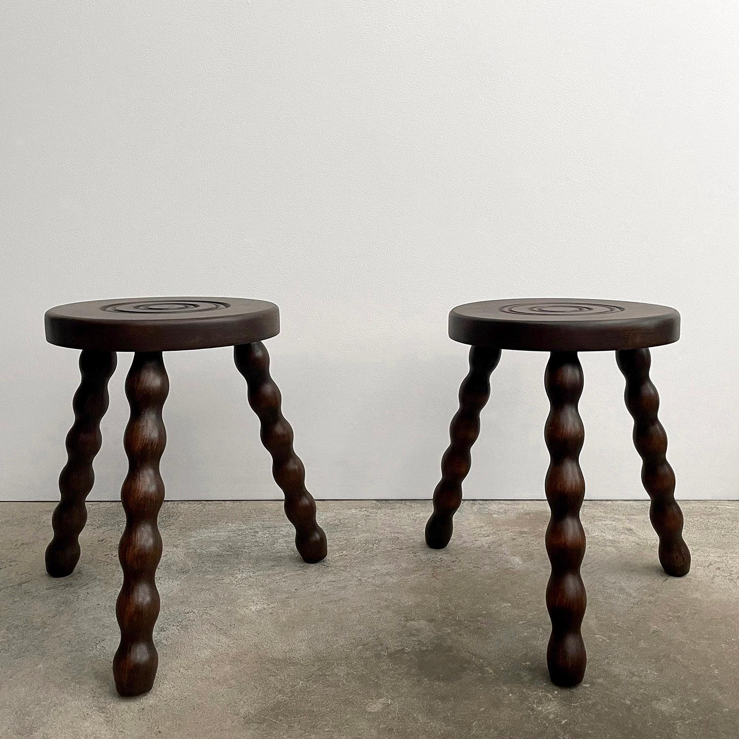 Wood Petite French Oak Tripod Stool For Sale