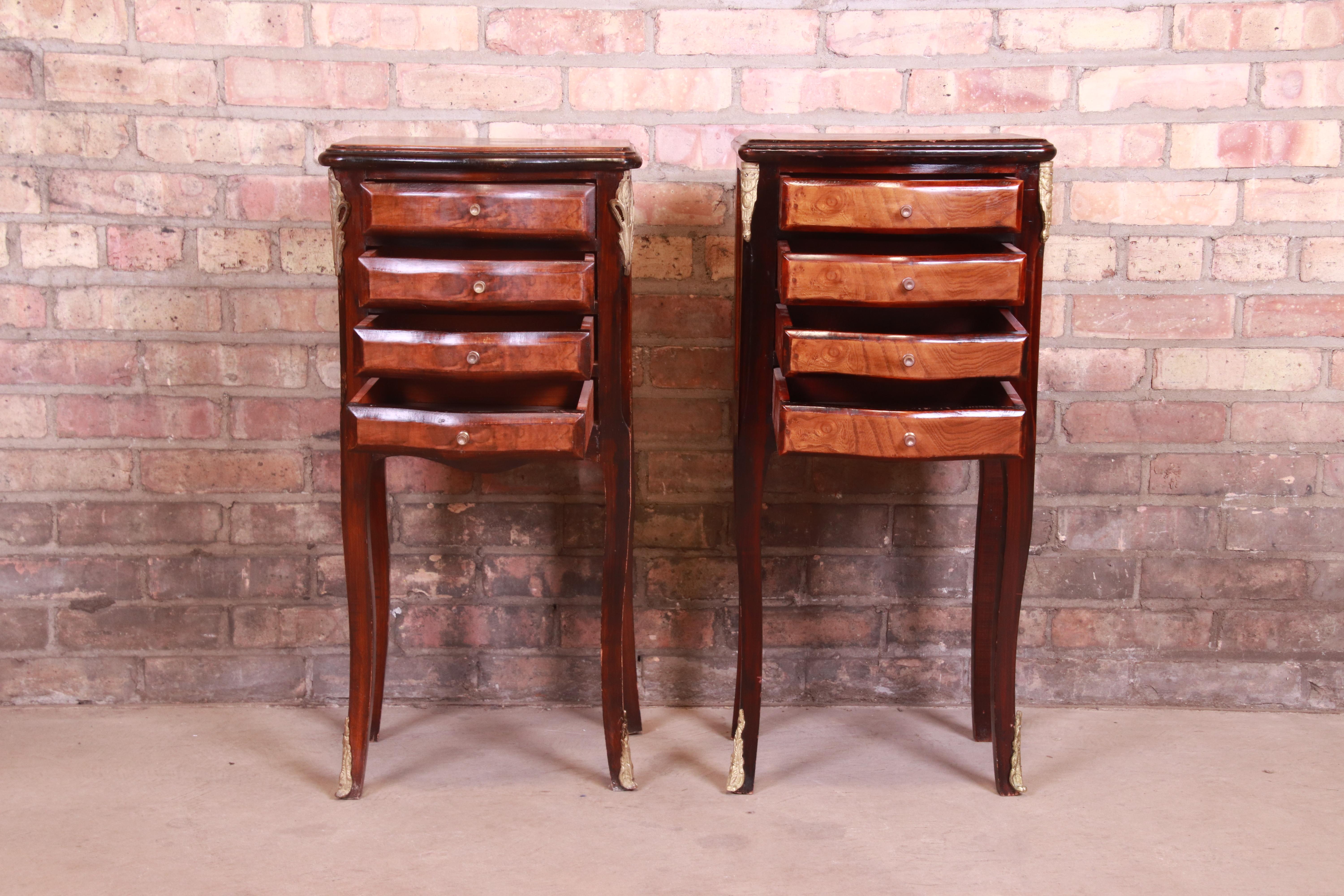 Petite French Provincial Louis XV Mahogany and Burl Wood Nightstands, Pair For Sale 5