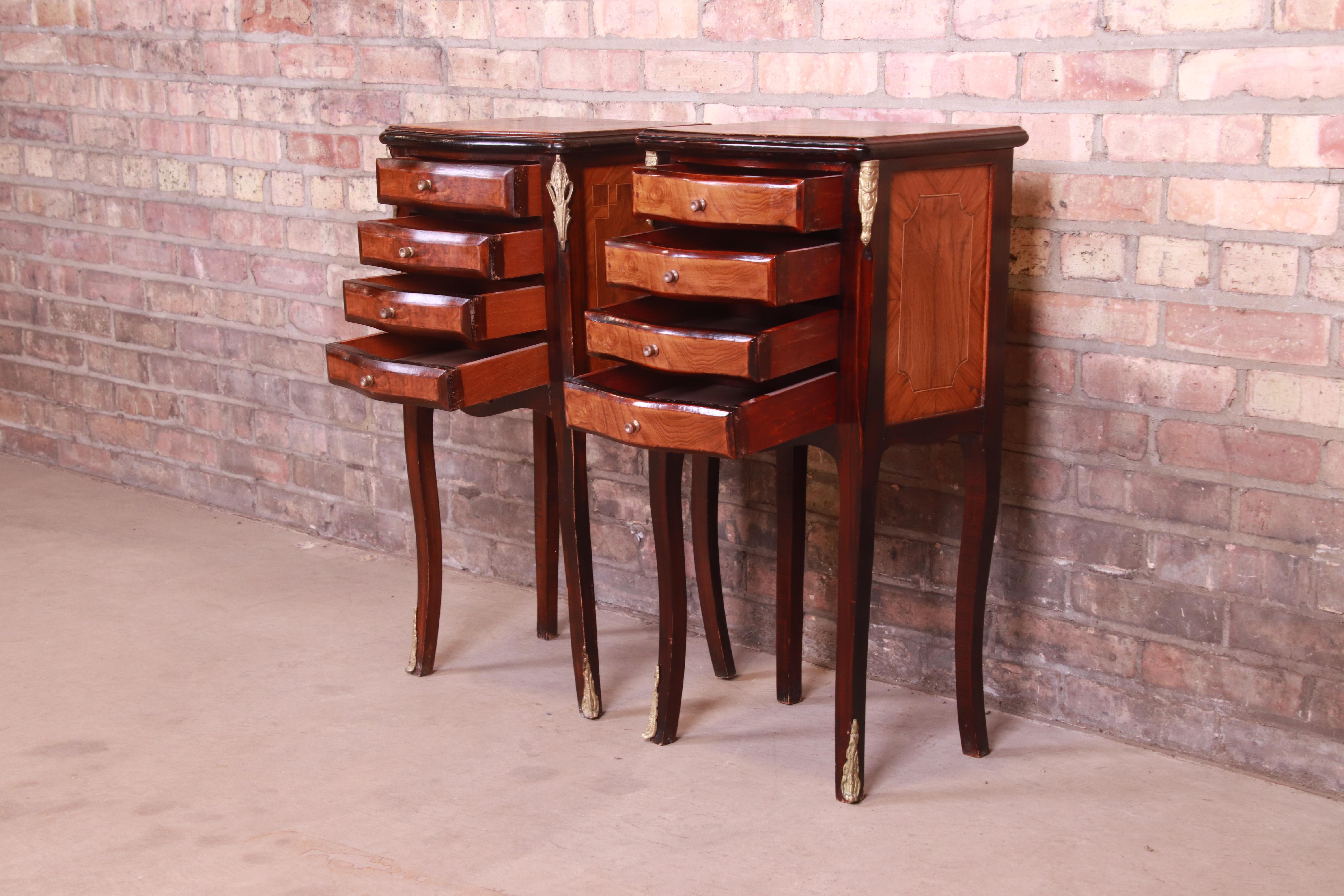 Petite French Provincial Louis XV Mahogany and Burl Wood Nightstands, Pair For Sale 6