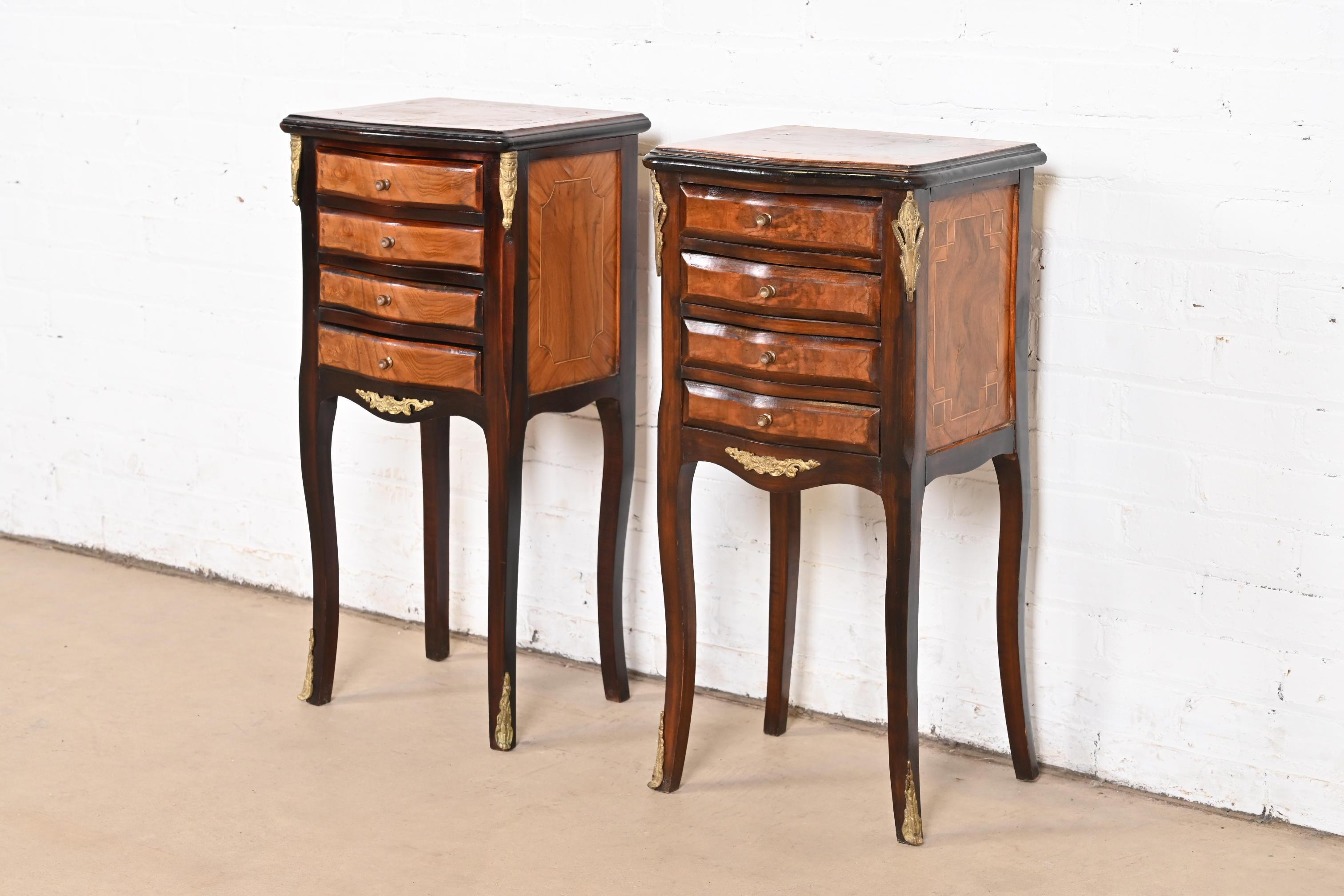 Mid-20th Century Petite French Provincial Louis XV Mahogany and Burl Wood Nightstands, Pair