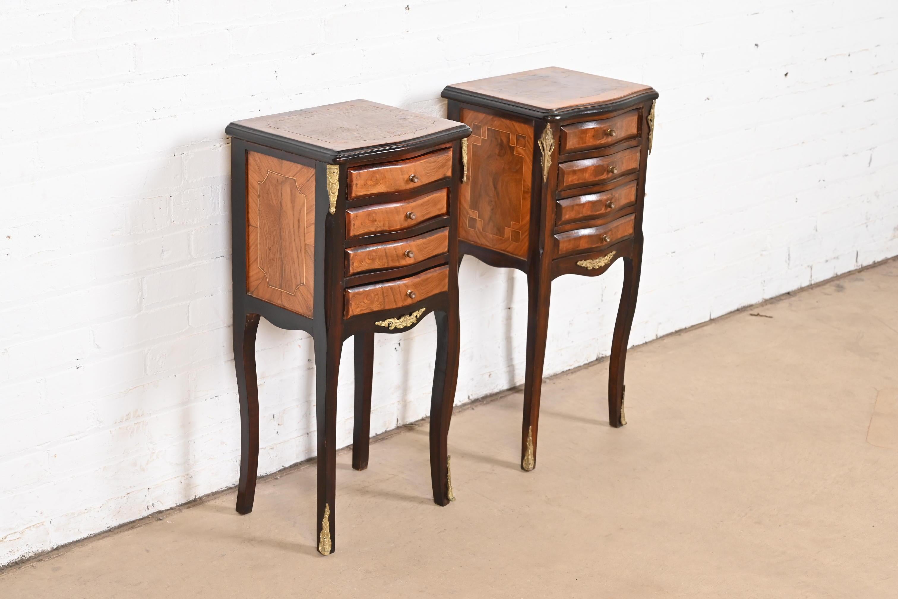 Brass Petite French Provincial Louis XV Mahogany and Burl Wood Nightstands, Pair
