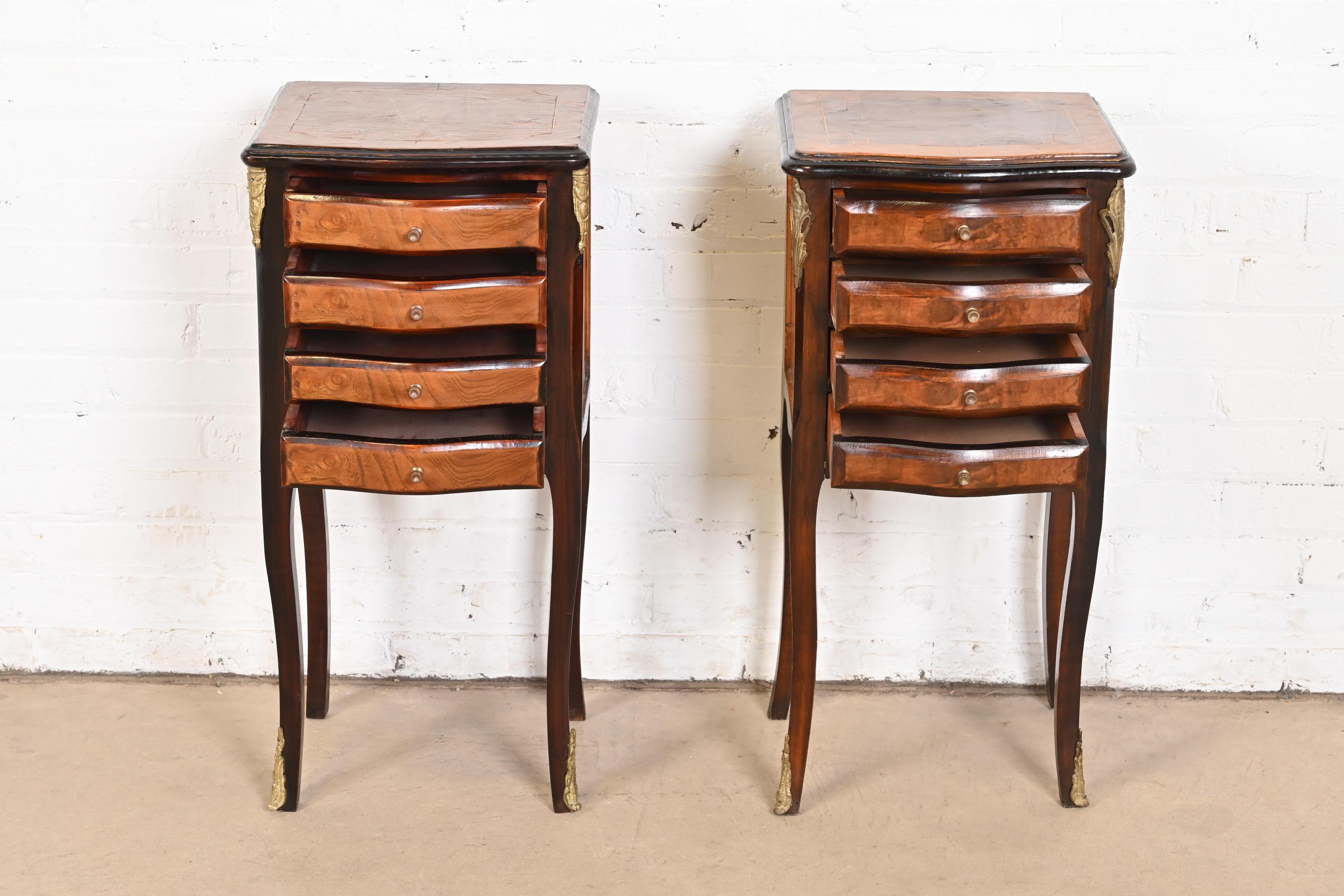 Petite French Provincial Louis XV Mahogany and Burl Wood Nightstands, Pair 1