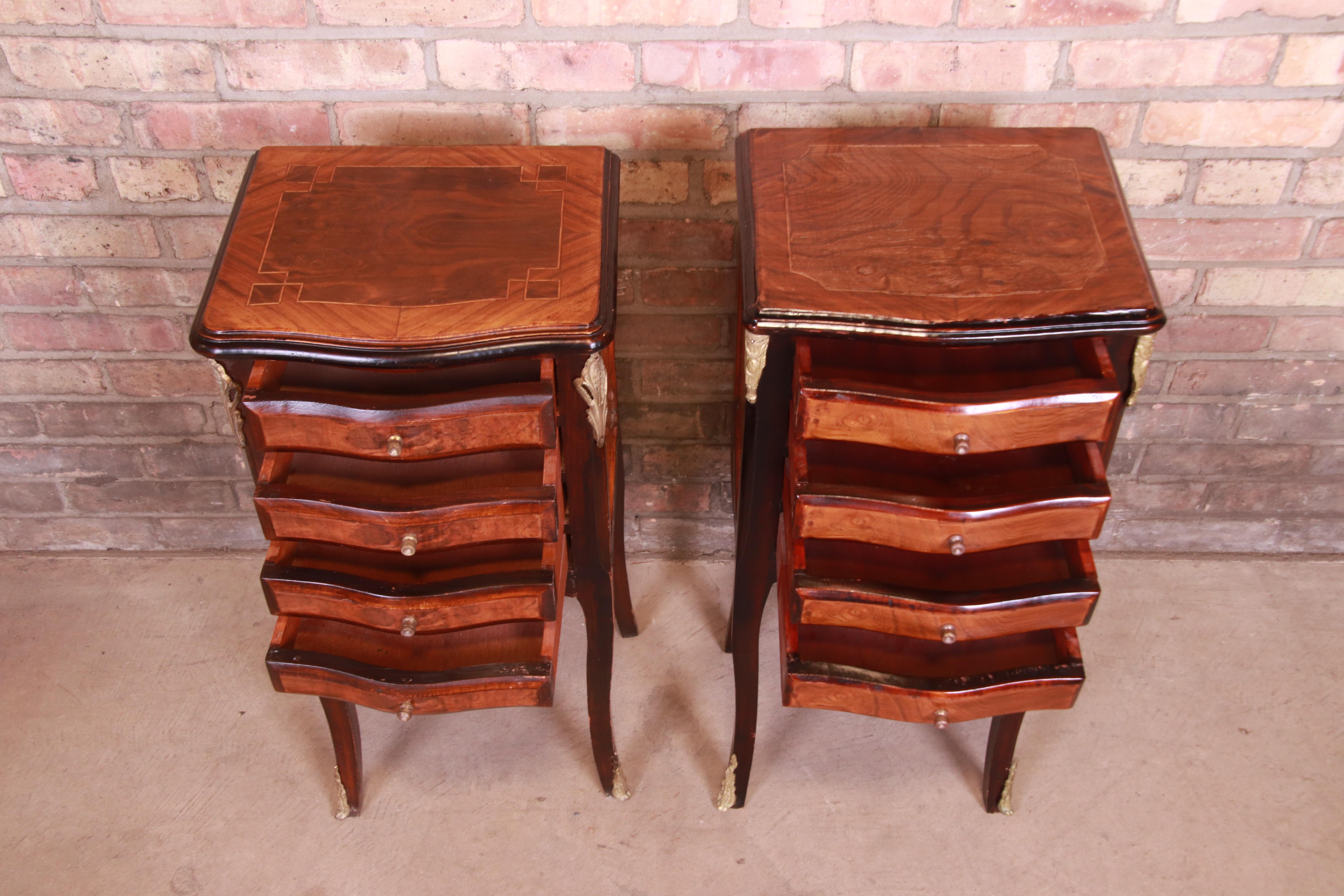 Petite French Provincial Louis XV Mahogany and Burl Wood Nightstands, Pair For Sale 4