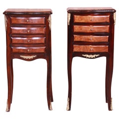 Antique Petite French Provincial Louis XV Mahogany and Burl Wood Nightstands, Pair