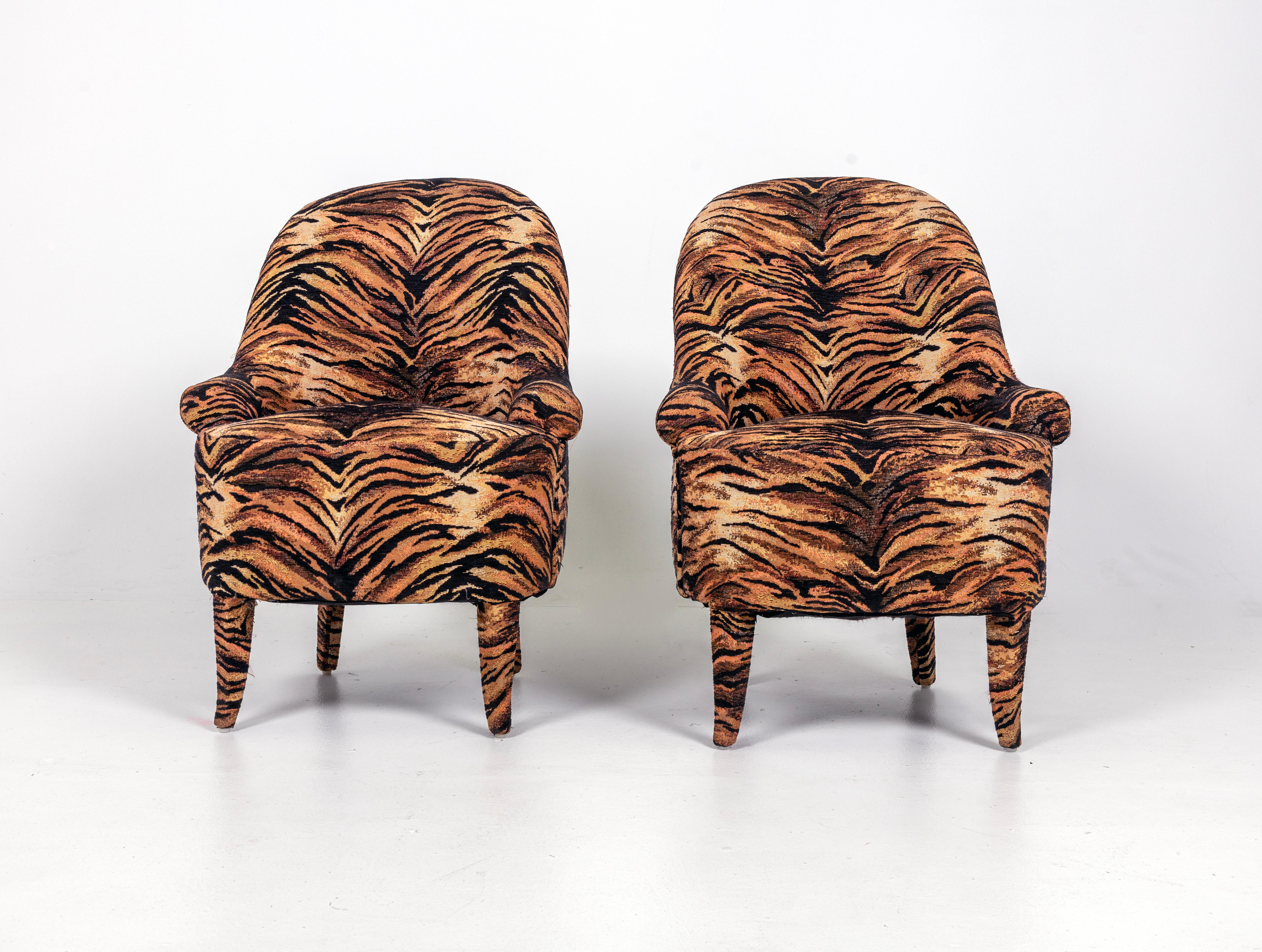 Pair of Petite French Side Chairs in Tiger Fabric.