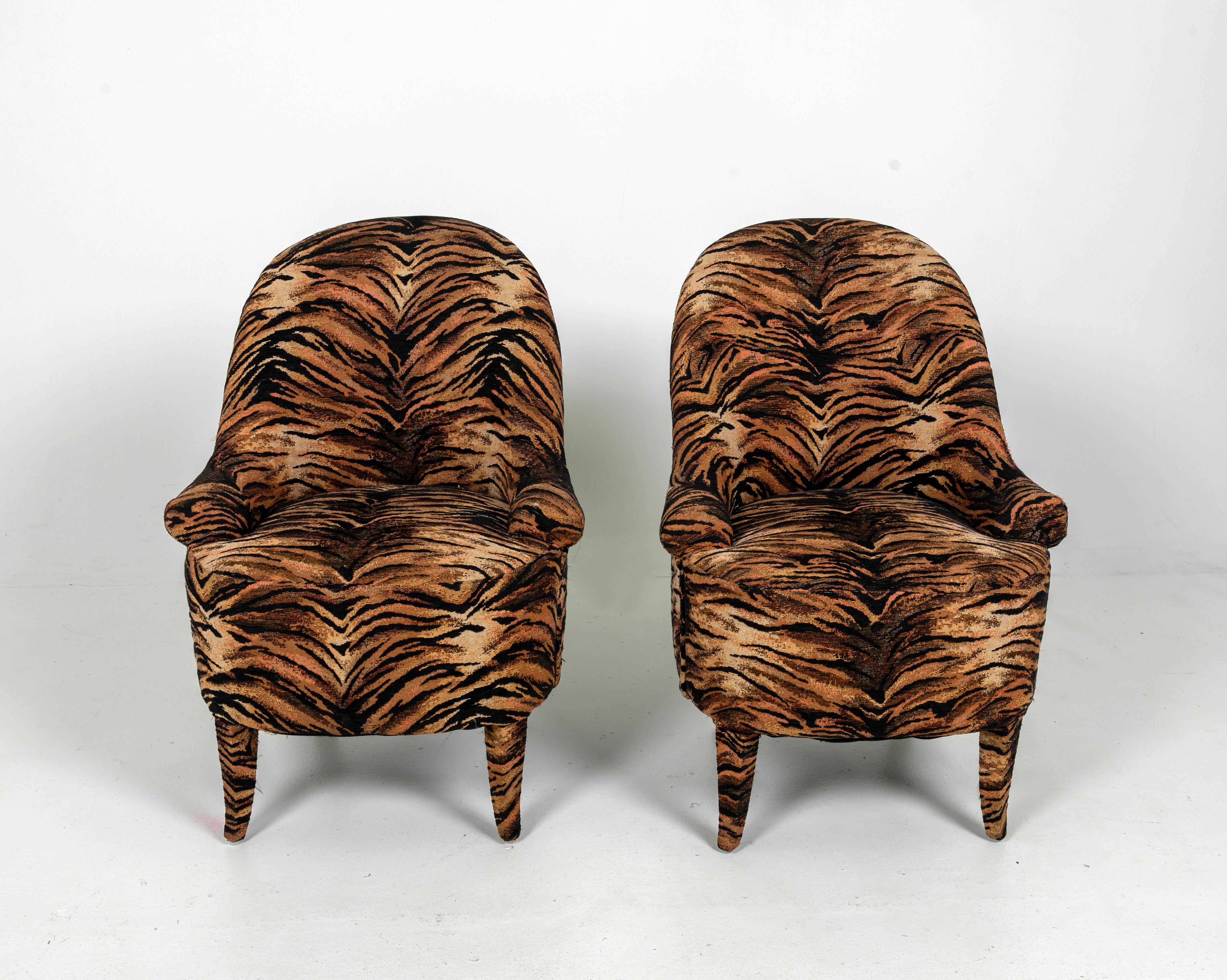 Petite French Side Chairs, Tiger Fabric In Good Condition For Sale In Miami, FL