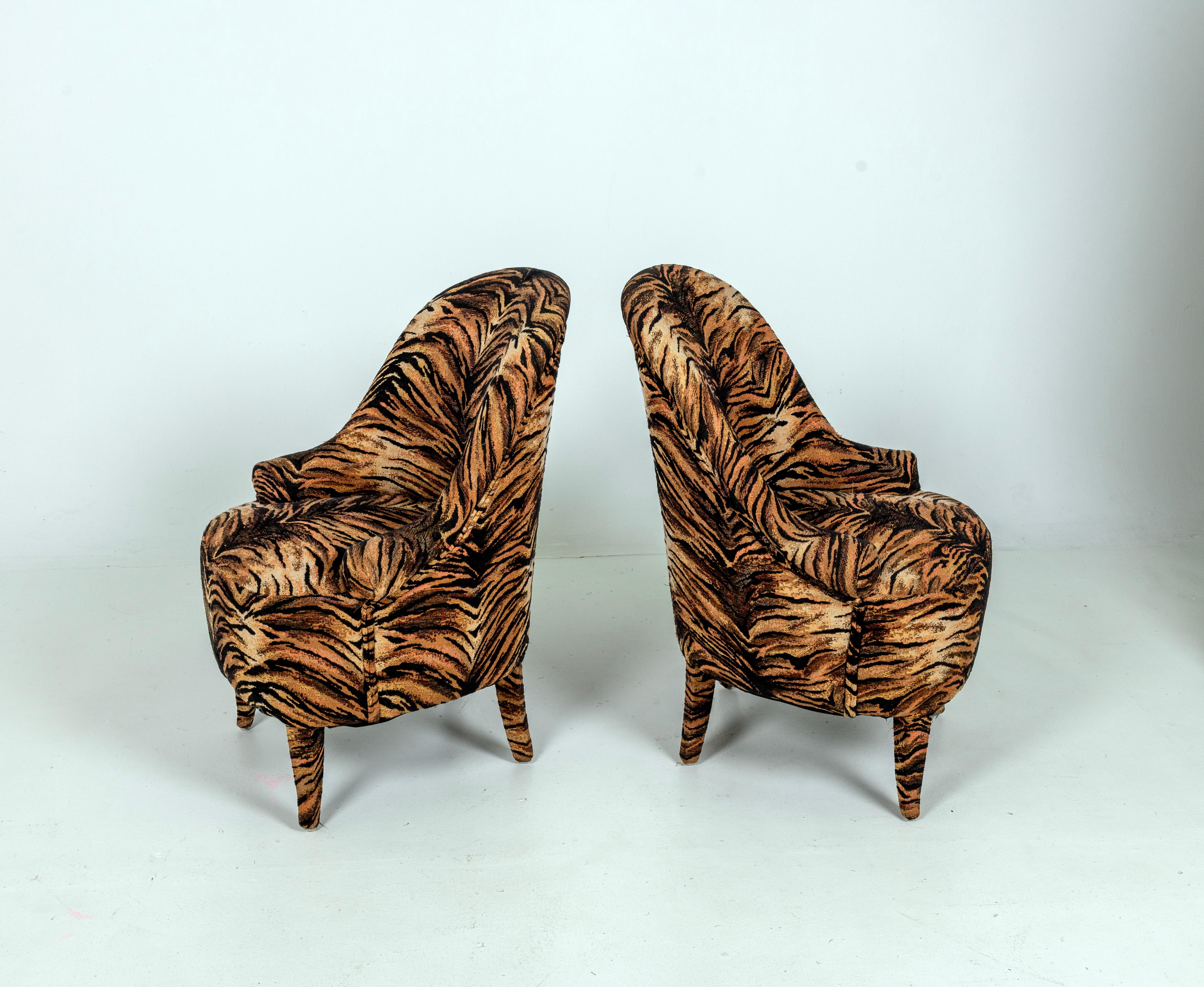 Mid-20th Century Petite French Side Chairs, Tiger Fabric For Sale