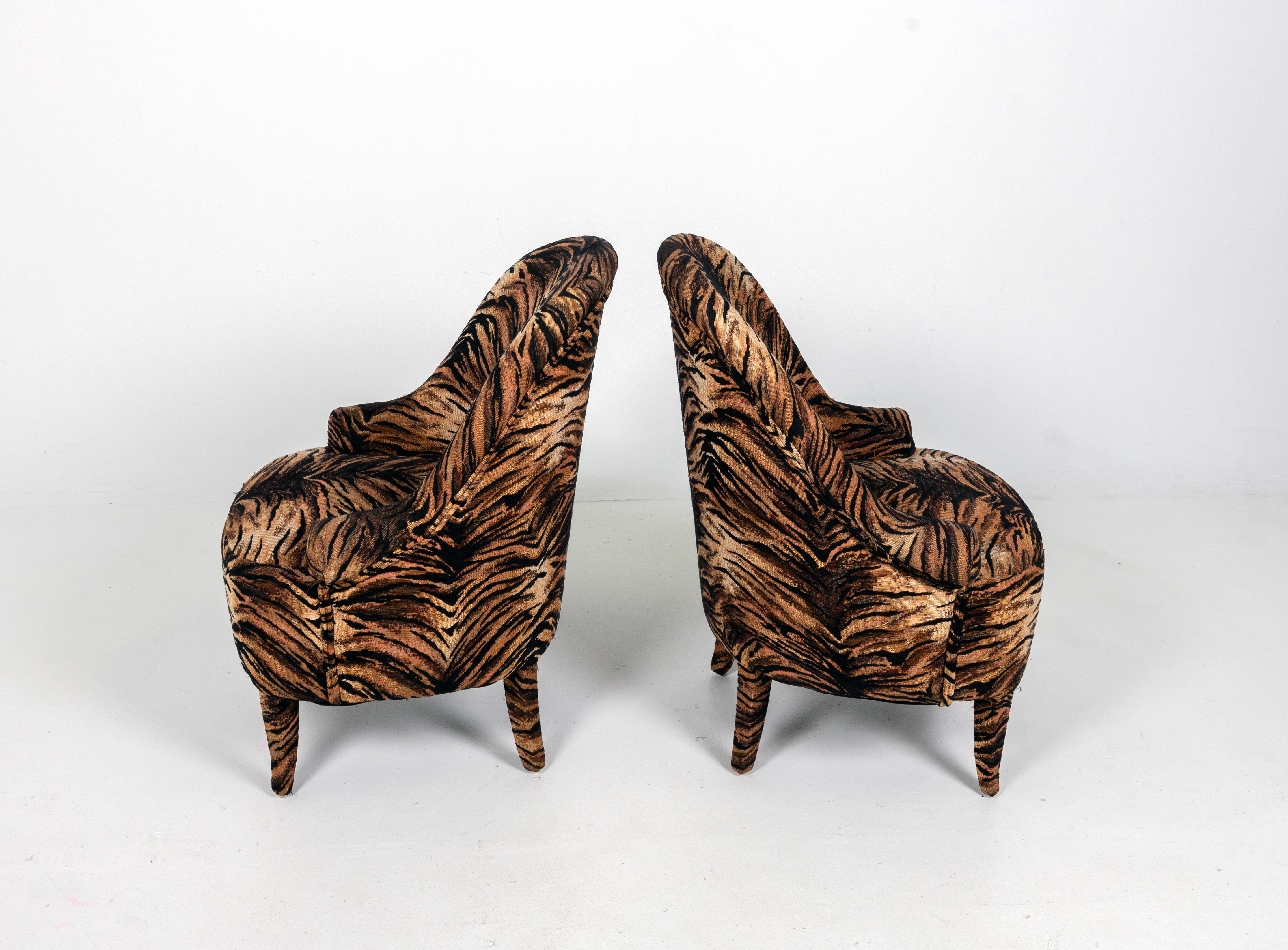 Petite French Side Chairs, Tiger Fabric For Sale 1