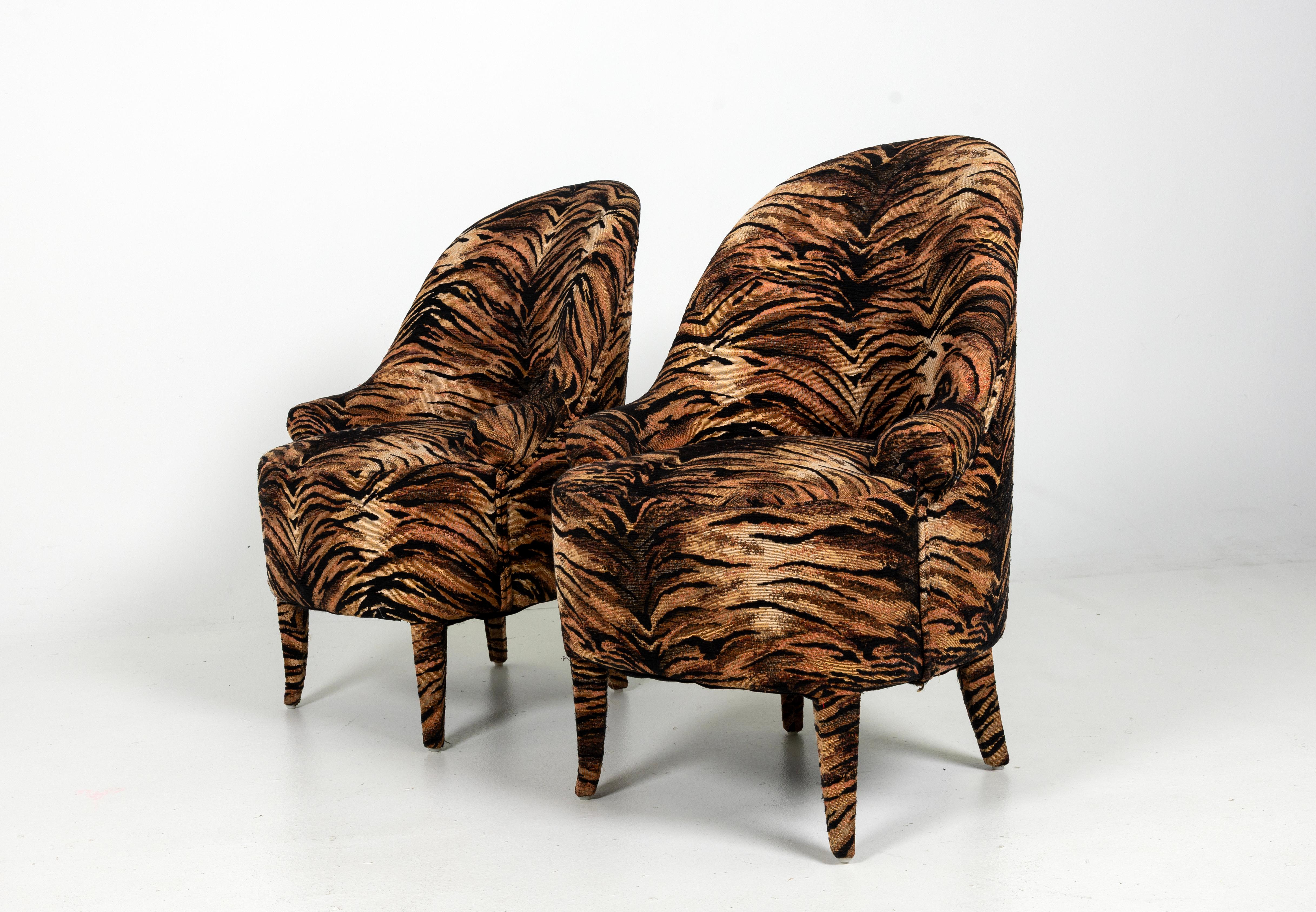 Petite French Side Chairs, Tiger Fabric For Sale 3