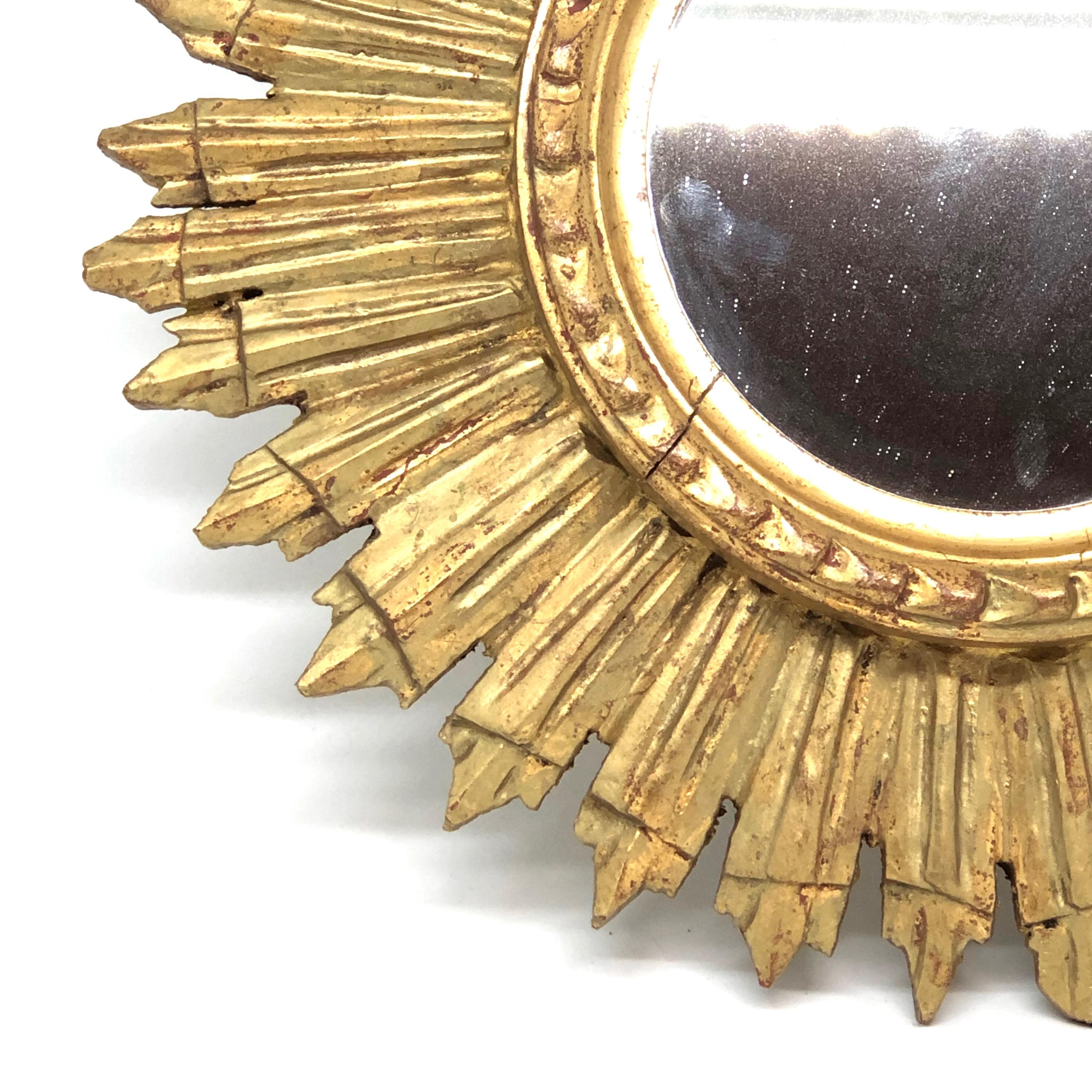Hollywood Regency Petite French Starburst Sunburst Gilded Wood Mirror, circa 1930s