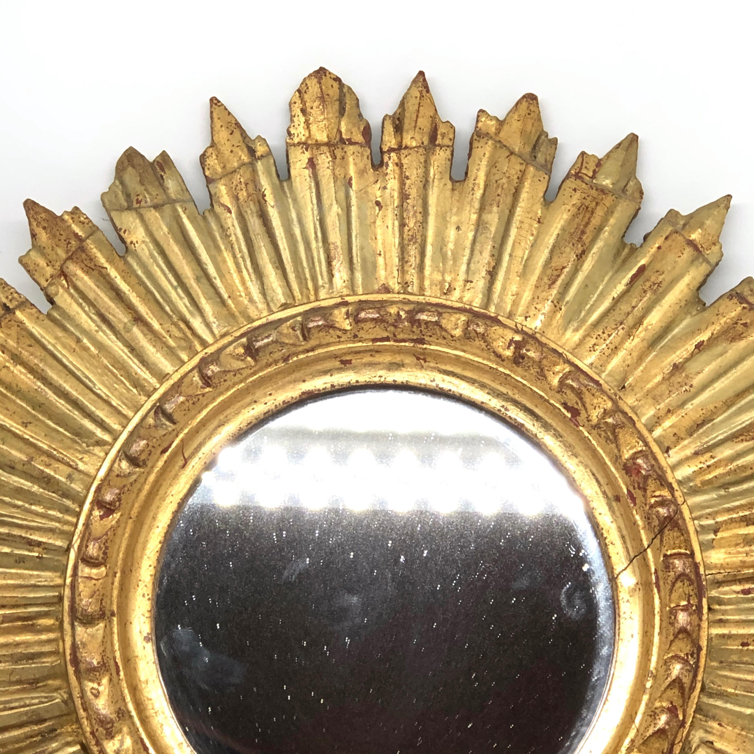 Petite French Starburst Sunburst Gilded Wood Mirror, circa 1930s 1