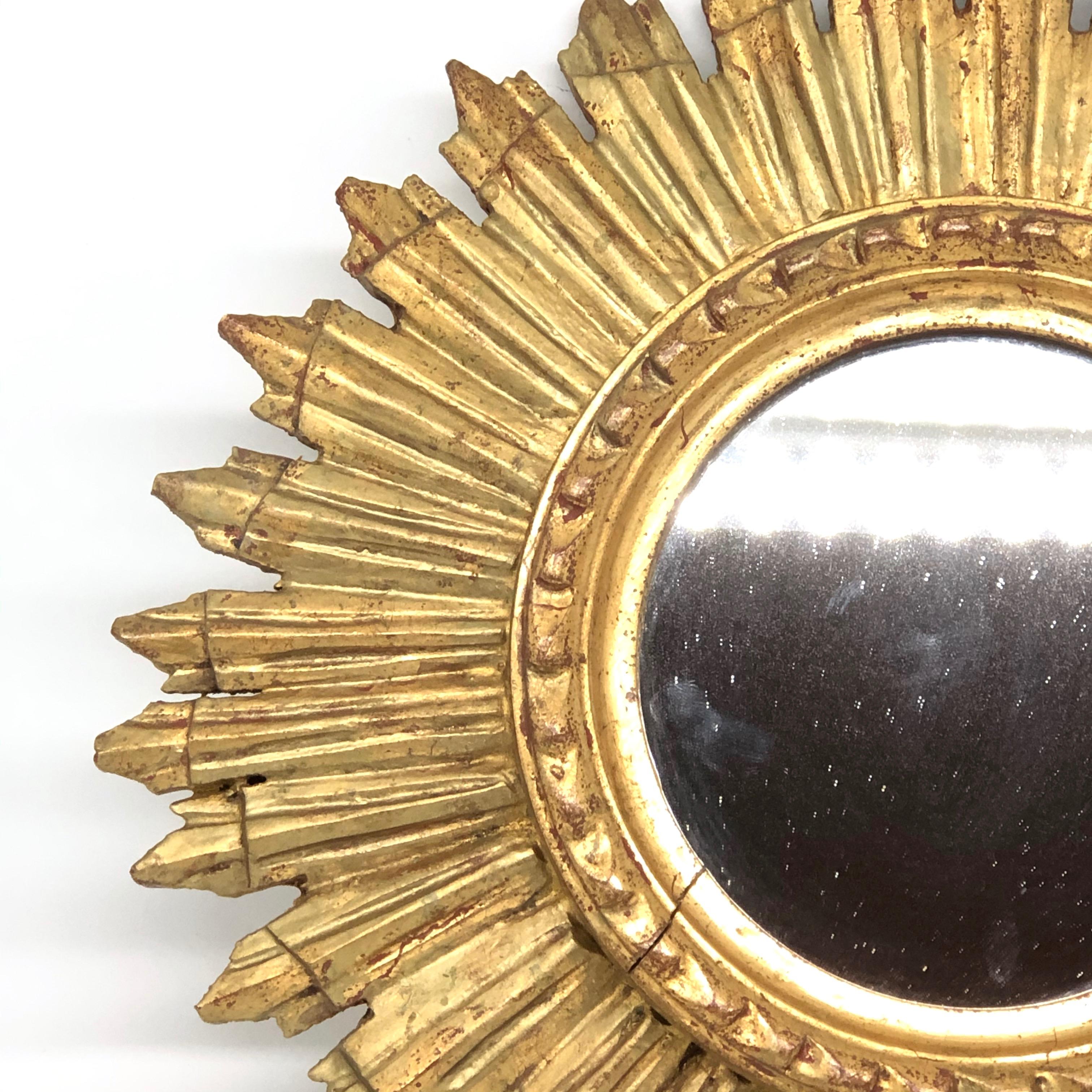 Petite French Starburst Sunburst Gilded Wood Mirror, circa 1930s 2