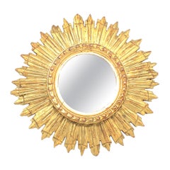 Petite French Starburst Sunburst Gilded Wood Mirror, circa 1930s