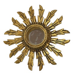Petite French Starburst Sunburst Gilded Wood Mirror, circa 1930s