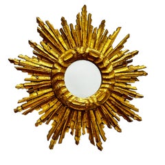 Petite French Starburst Sunburst Gilded Wood Mirror, circa 1950s