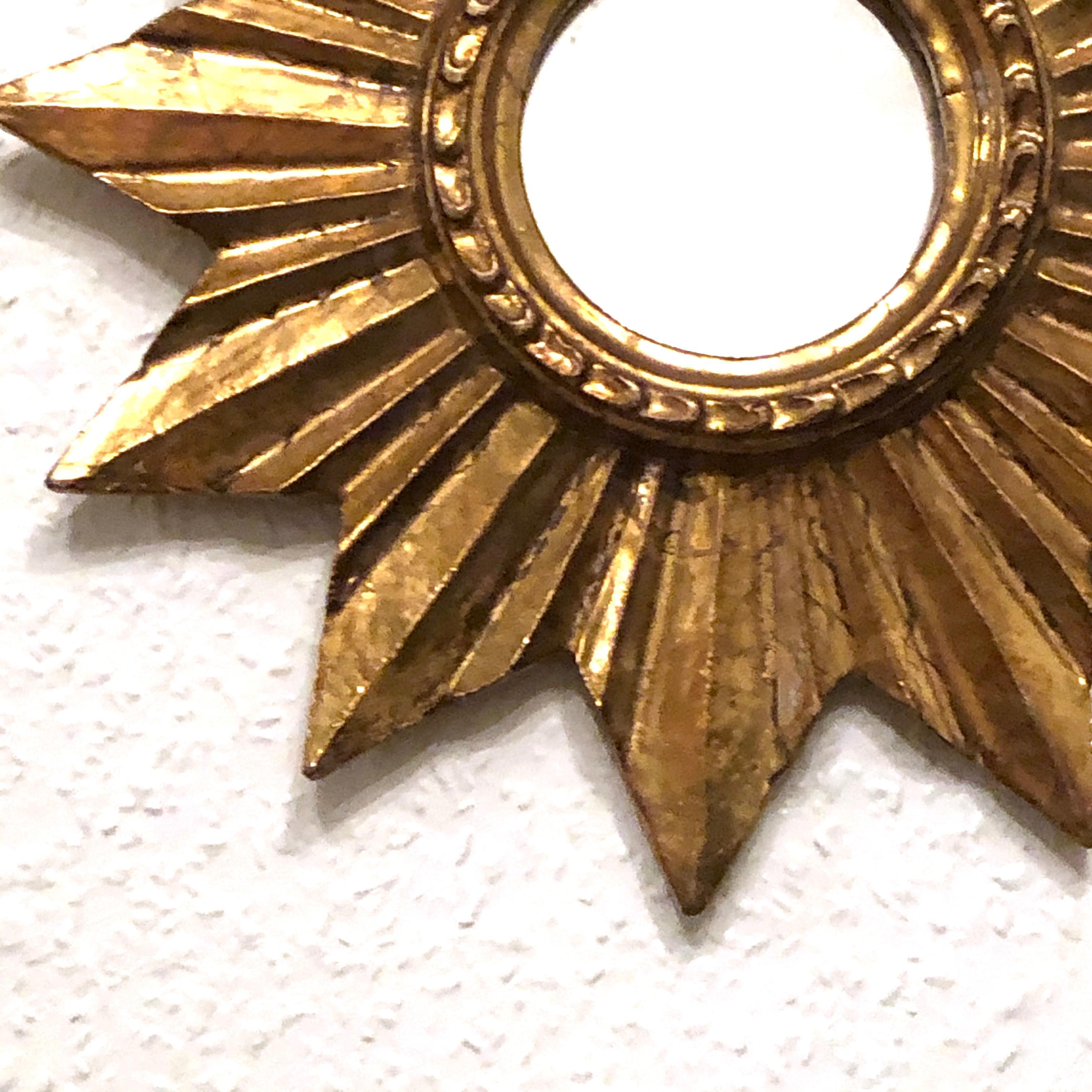 Hollywood Regency Petite French Starburst Sunburst Gilded Wood Mirror, circa 1950s