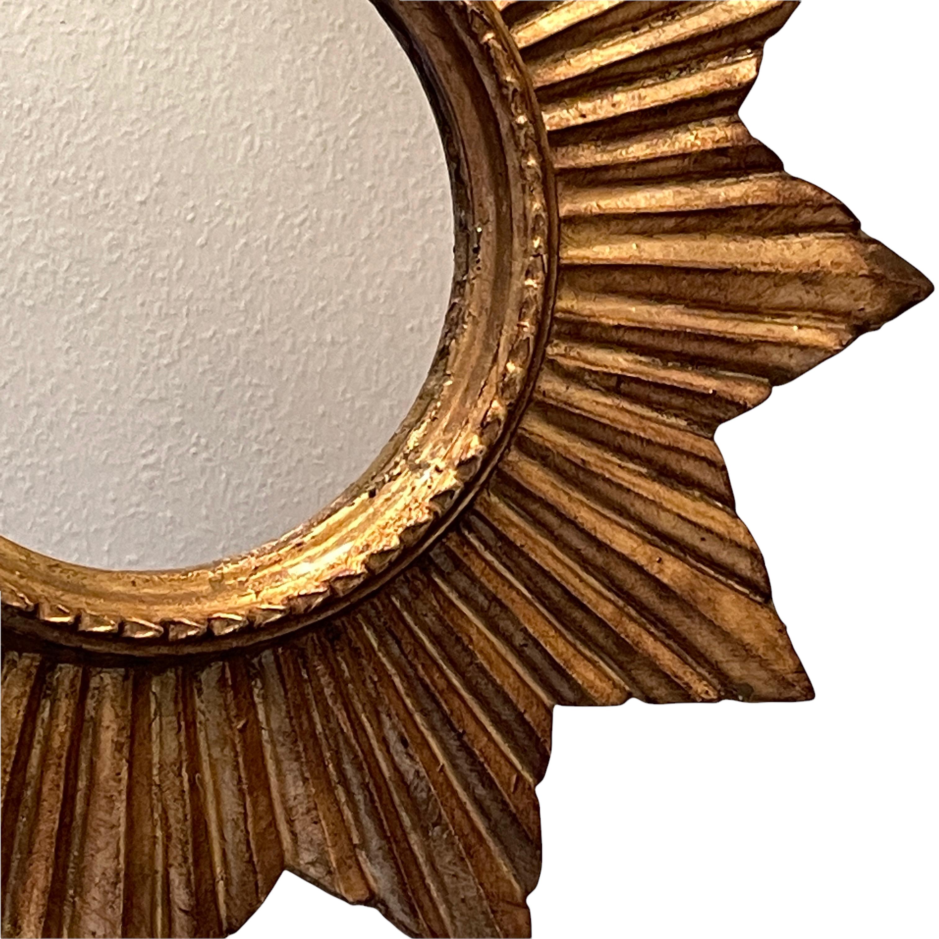 Hollywood Regency Petite French Starburst Sunburst Gilded Wood Mirror, circa 1950s For Sale