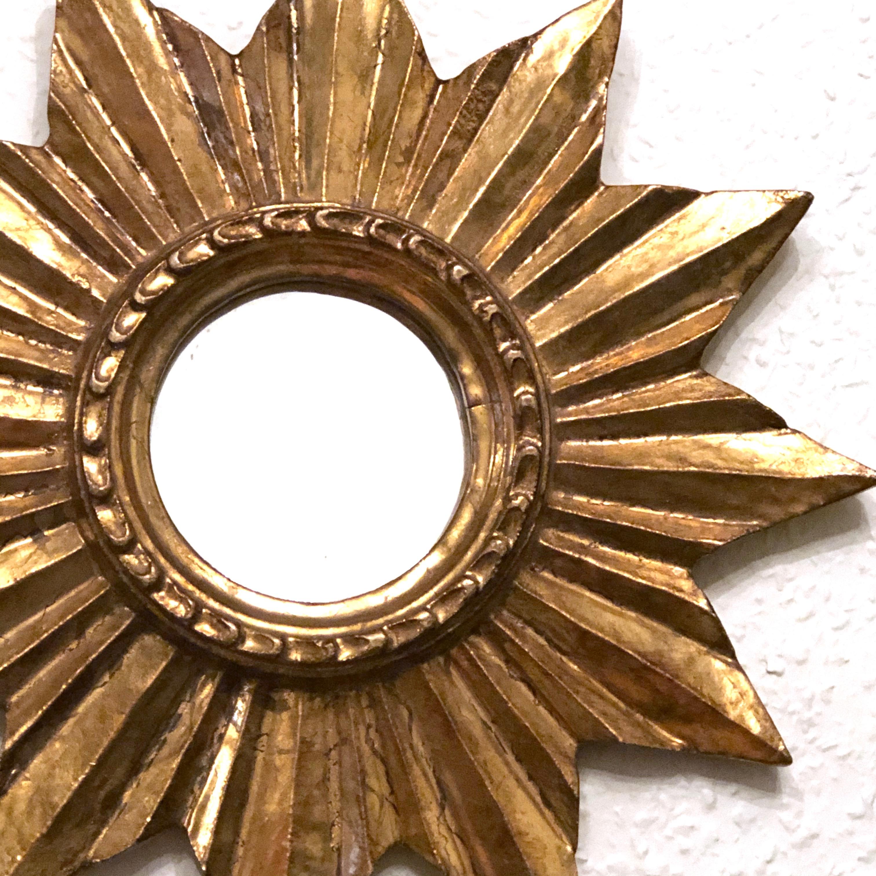 Mid-20th Century Petite French Starburst Sunburst Gilded Wood Mirror, circa 1950s