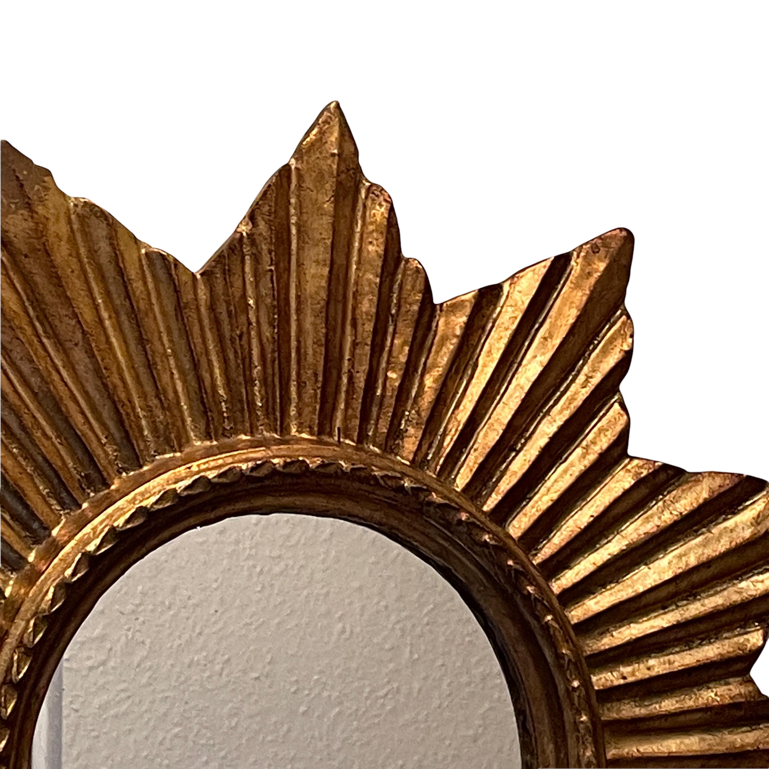 Mid-20th Century Petite French Starburst Sunburst Gilded Wood Mirror, circa 1950s For Sale