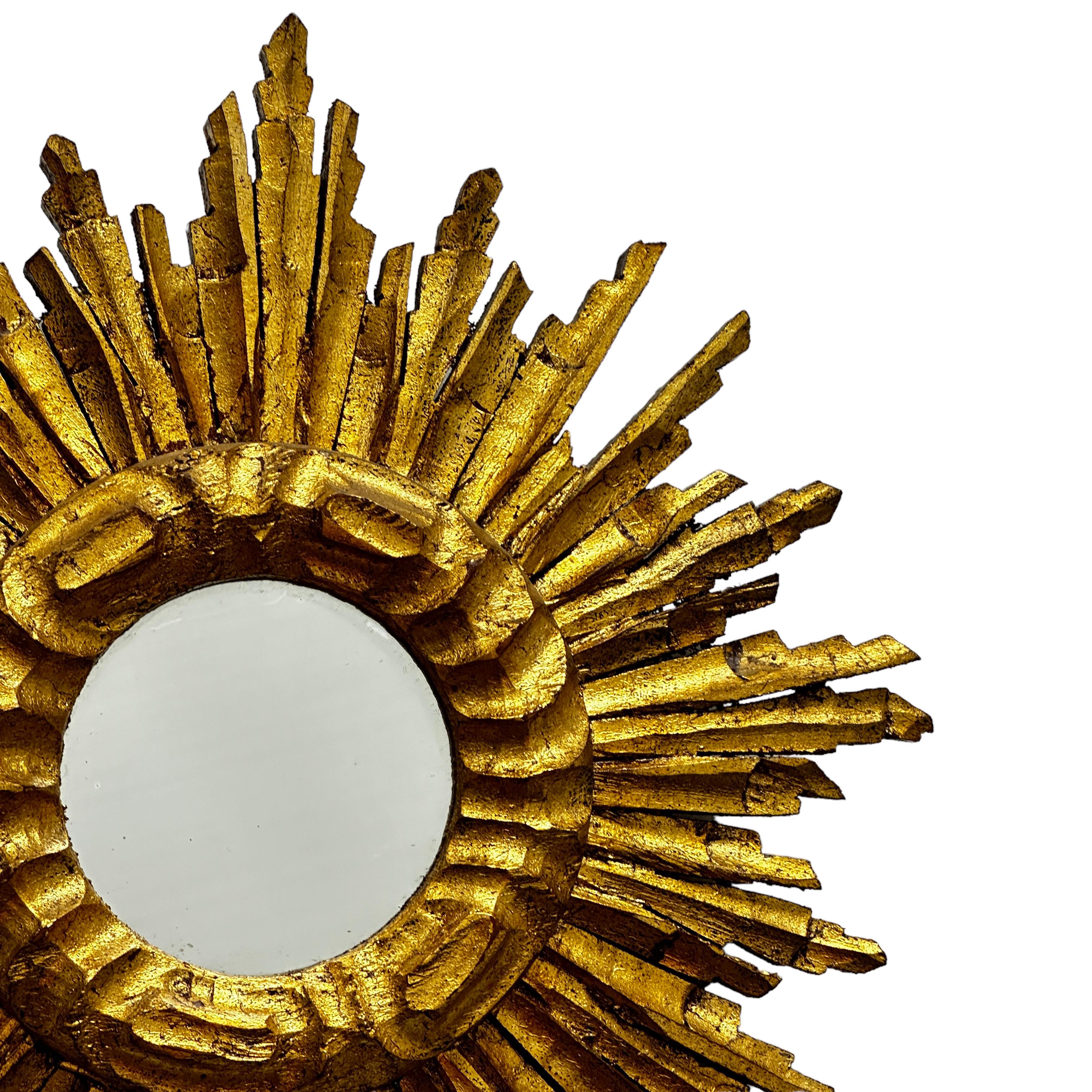 Mid-20th Century Petite French Starburst Sunburst Gilded Wood Mirror, circa 1950s