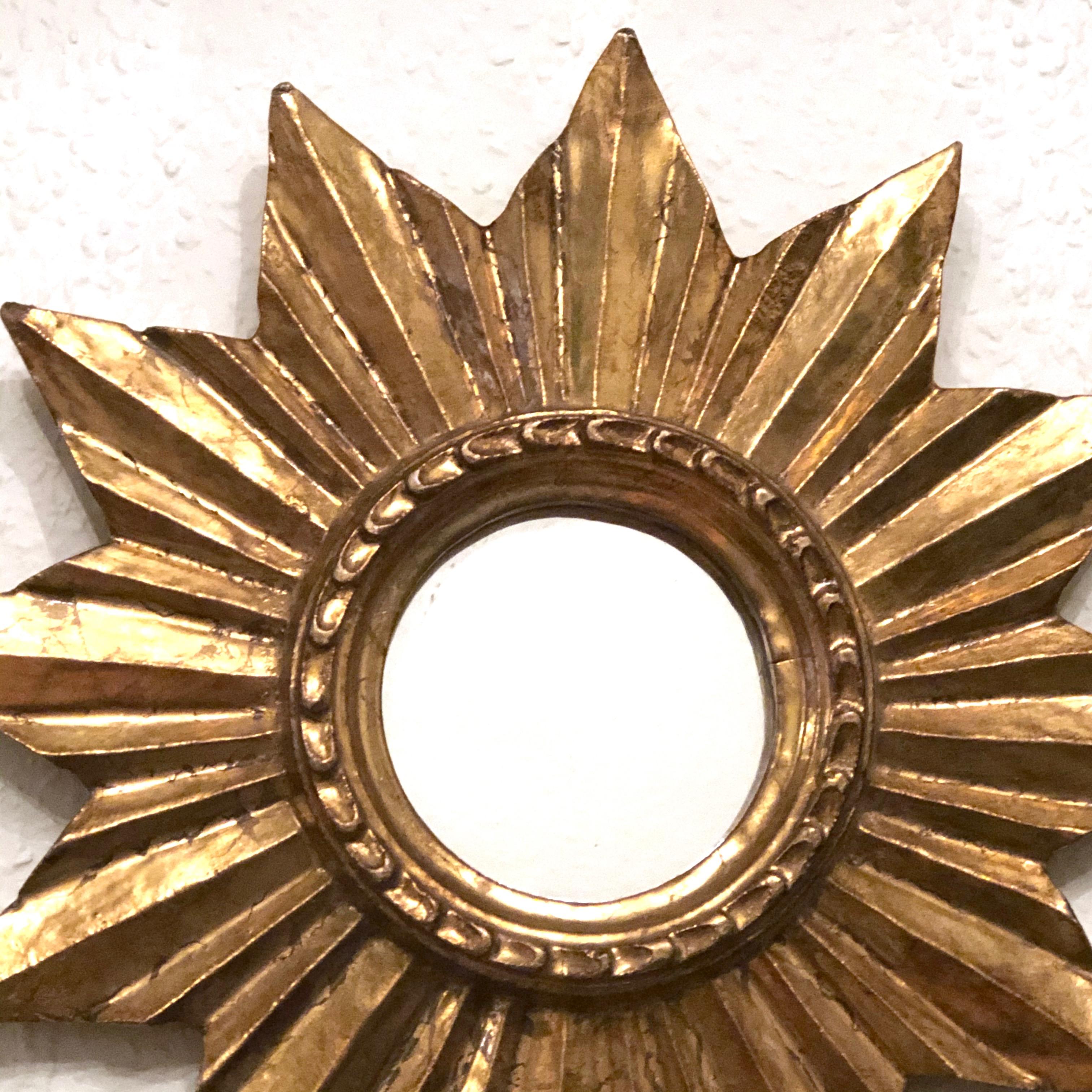 Giltwood Petite French Starburst Sunburst Gilded Wood Mirror, circa 1950s