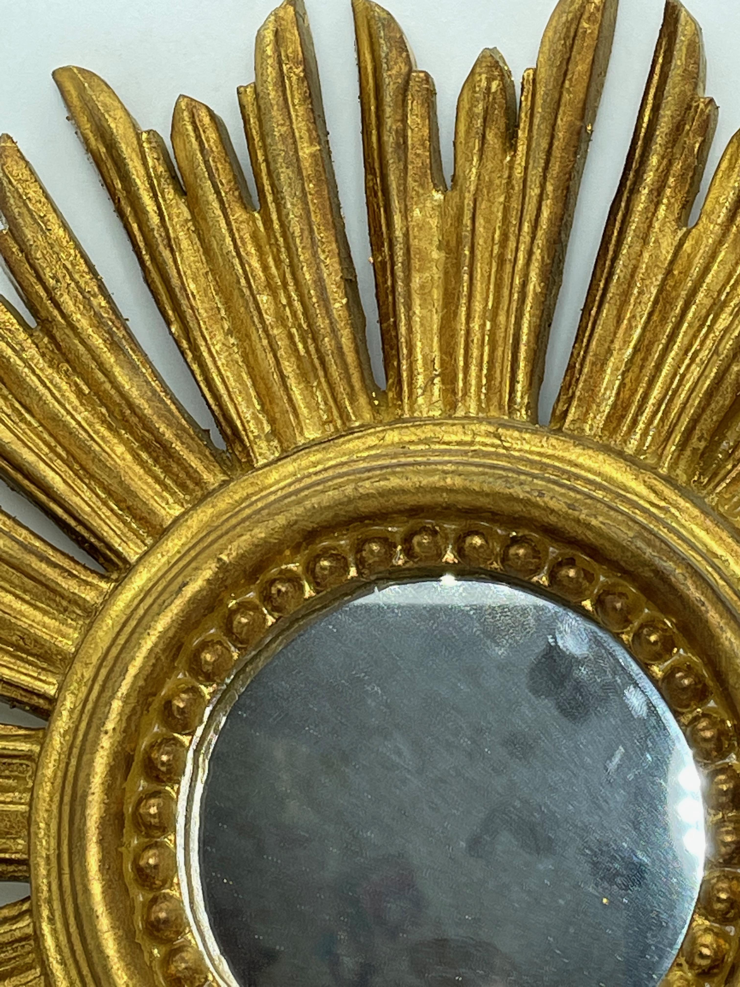 Petite French Starburst Sunburst Gilded Wood Mirror, circa 1950s 1