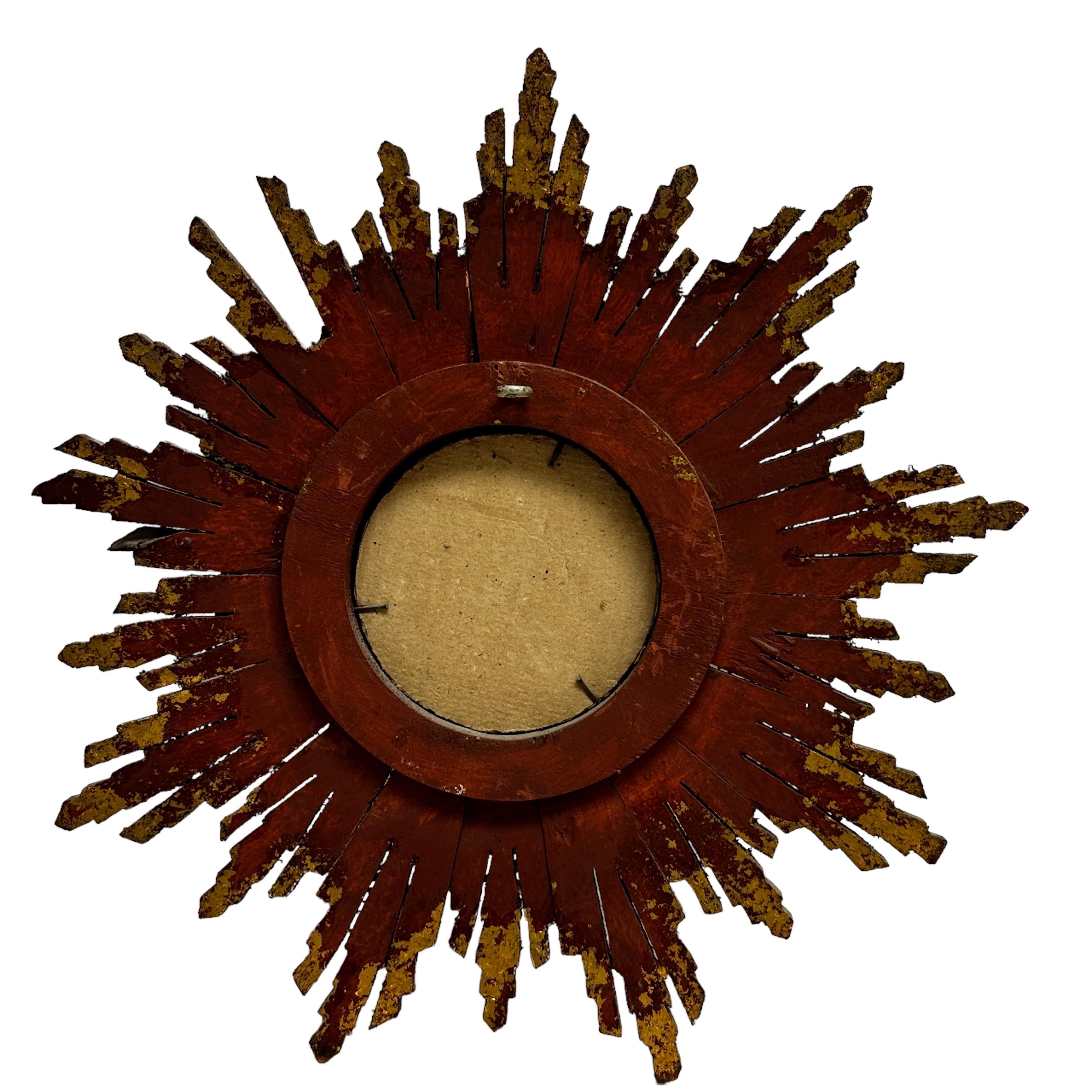 Petite French Starburst Sunburst Gilded Wood Mirror, circa 1950s 1