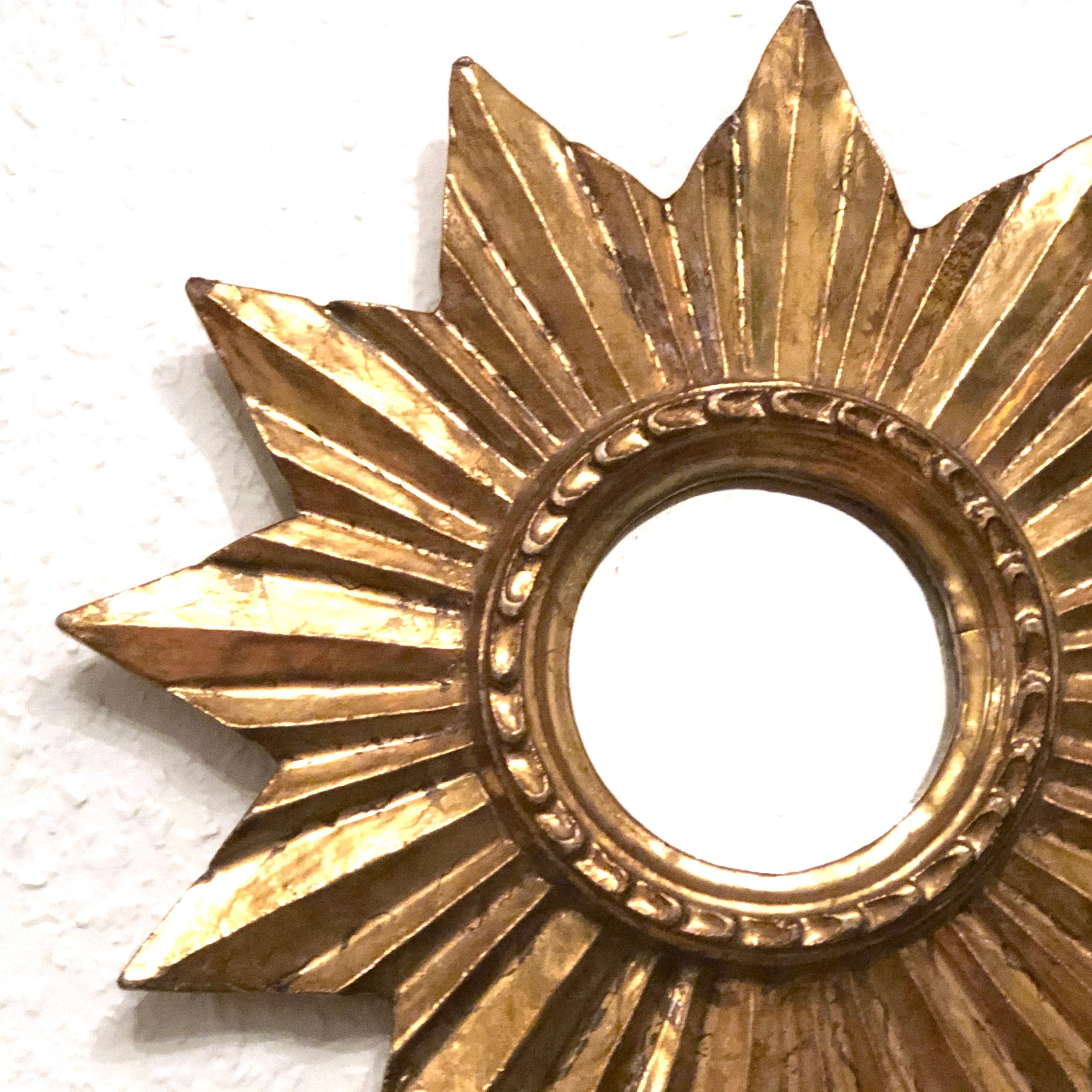 Petite French Starburst Sunburst Gilded Wood Mirror, circa 1950s 1