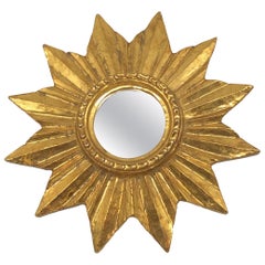 Petite French Starburst Sunburst Gilded Wood Mirror, circa 1950s