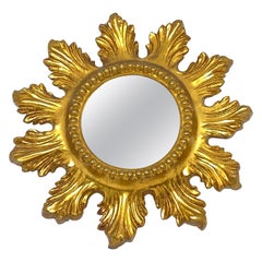 Petite French Starburst Sunburst Gilded Wood Mirror, circa 1950s