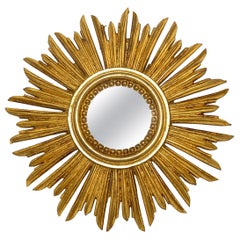 Petite French Starburst Sunburst Gilded Wood Mirror, circa 1950s