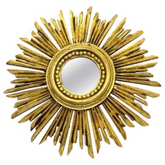 Petite French Starburst Sunburst Gilded Wood Mirror, circa 1950s