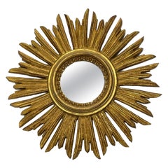 Petite French Starburst Sunburst Gilded Wood Mirror, circa 1950s