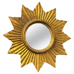 Petite French Starburst Sunburst Gilded Wood Mirror, circa 1950s