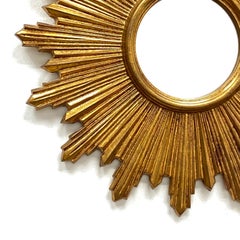 Petite French Starburst Sunburst Gilded Wood Mirror, circa 1950s Toleware