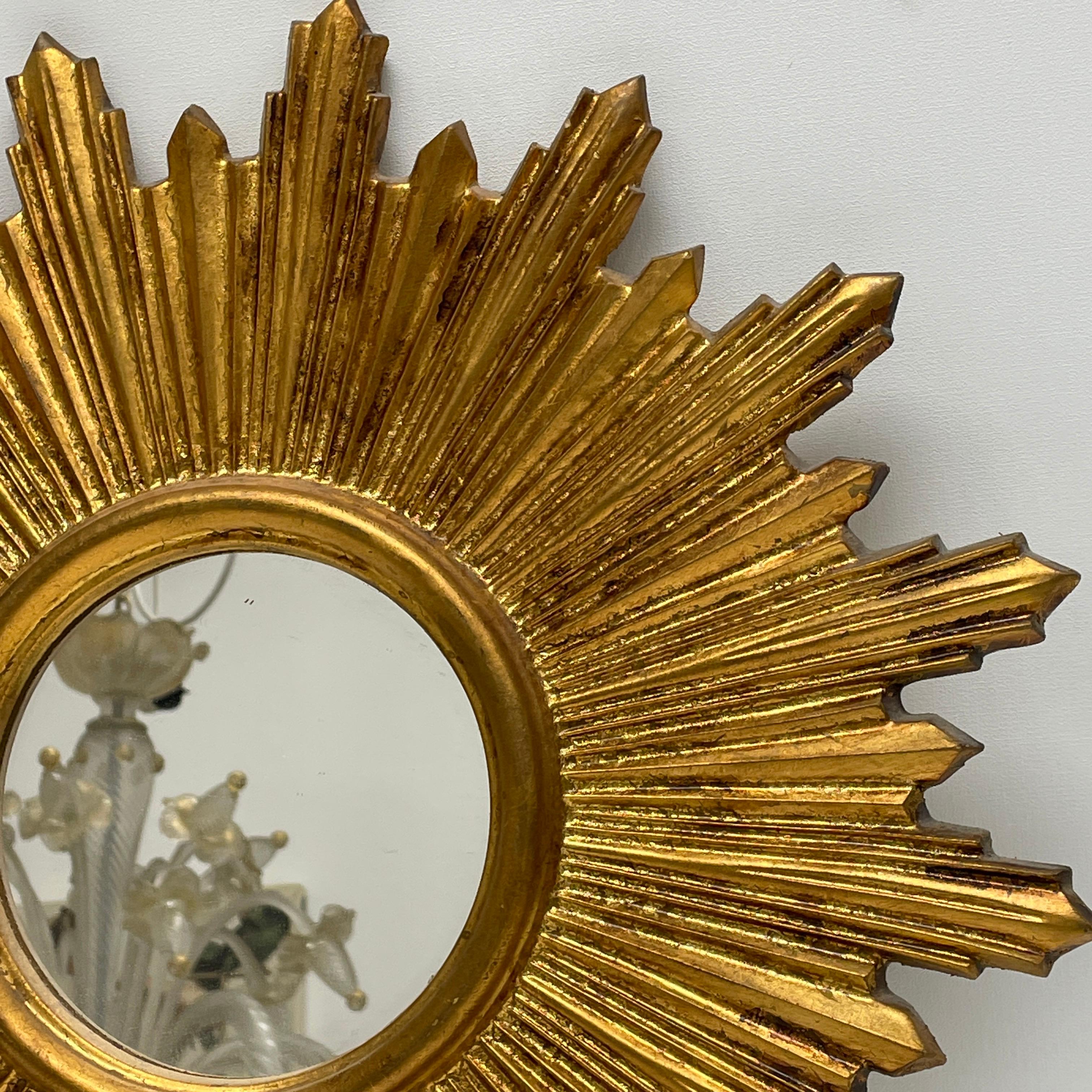 Mid-20th Century Petite French Starburst Sunburst Gilded Wood Mirror, circa 1950s Toleware