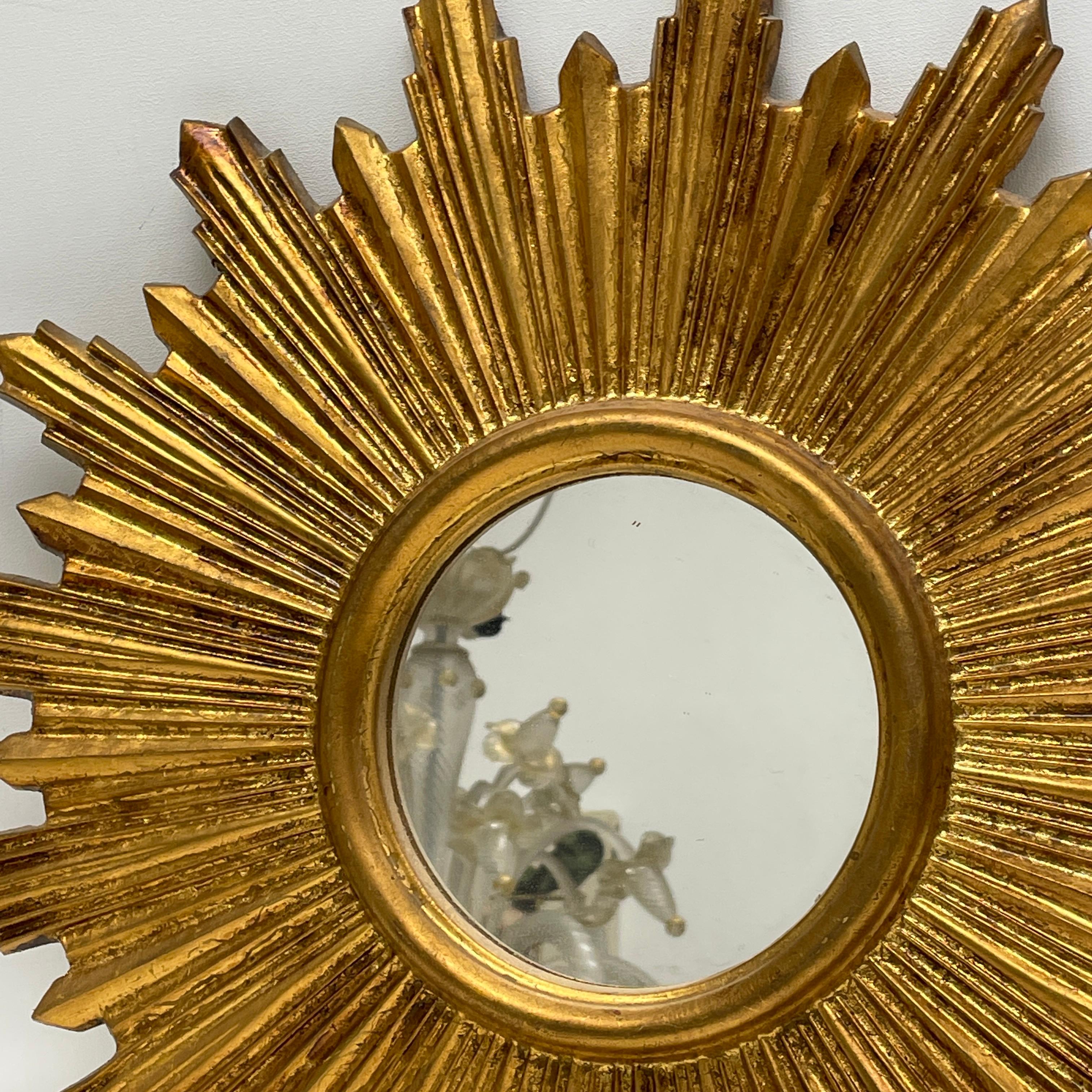 Petite French Starburst Sunburst Gilded Wood Mirror, circa 1950s Toleware 1