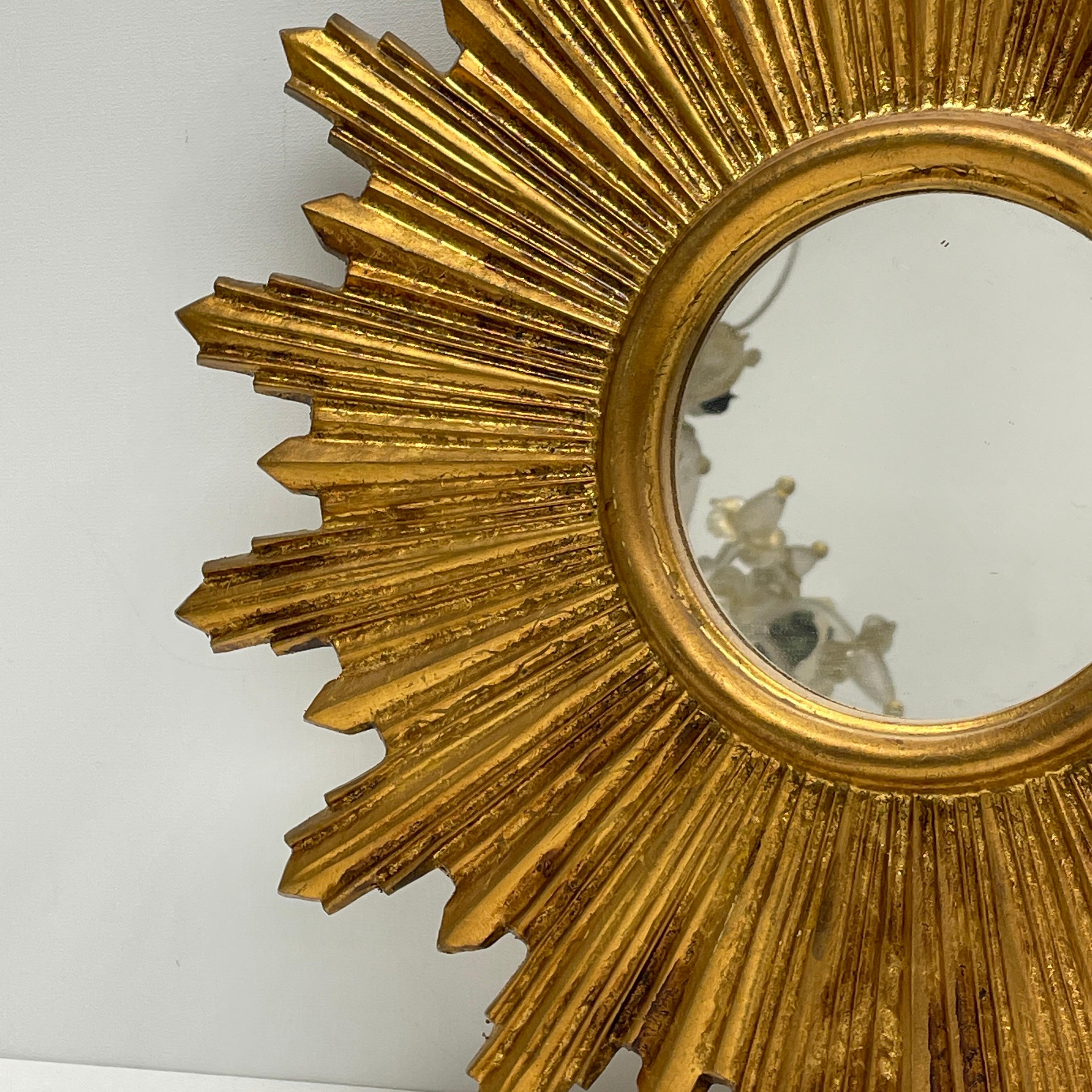 Petite French Starburst Sunburst Gilded Wood Mirror, circa 1950s Toleware 2