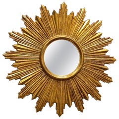 Petite French Starburst Sunburst Gilded Wood Mirror, circa 1950s Toleware